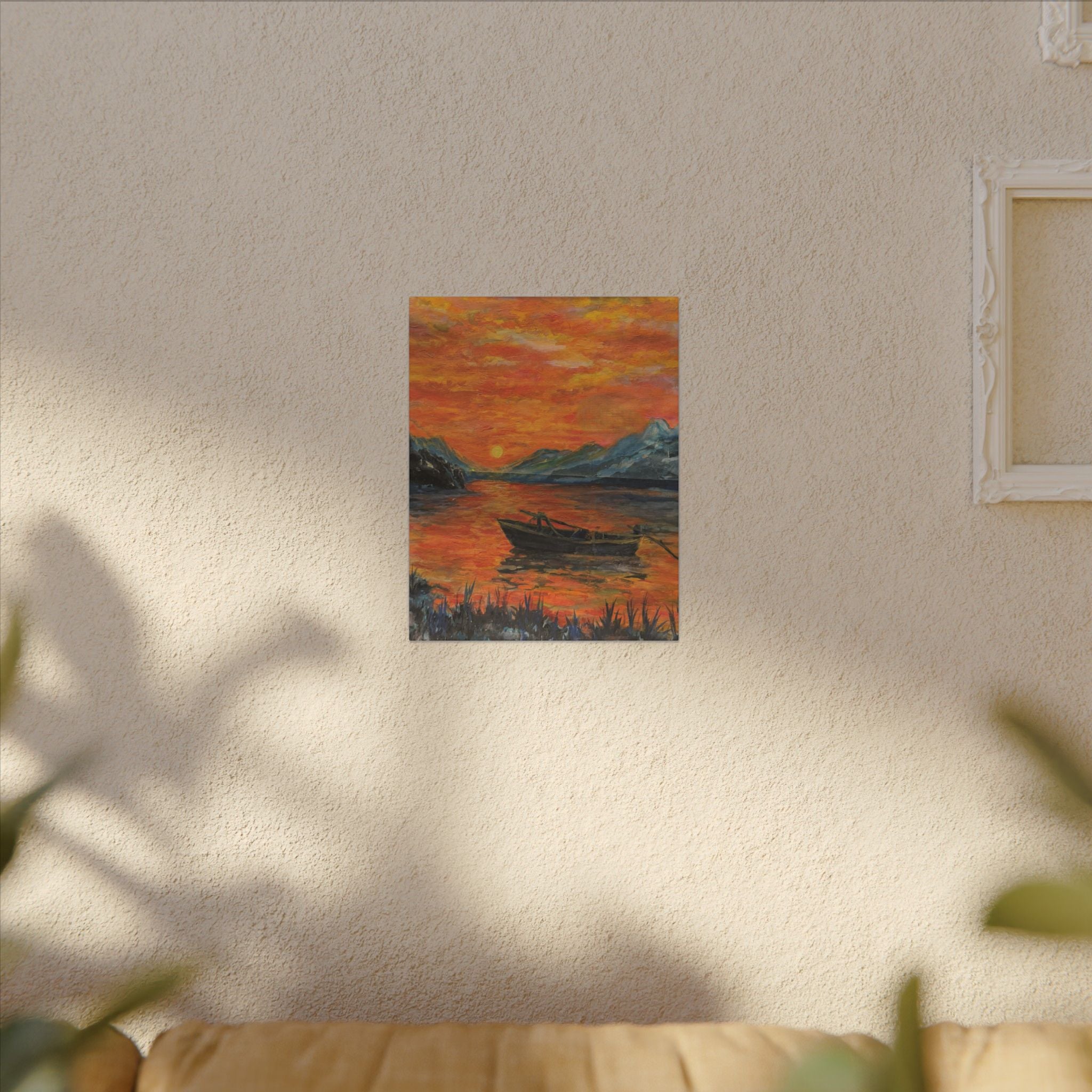 Boat on Sunset Lake Canvas Wall Art Print of Original— Orange Seascape Landscape Print