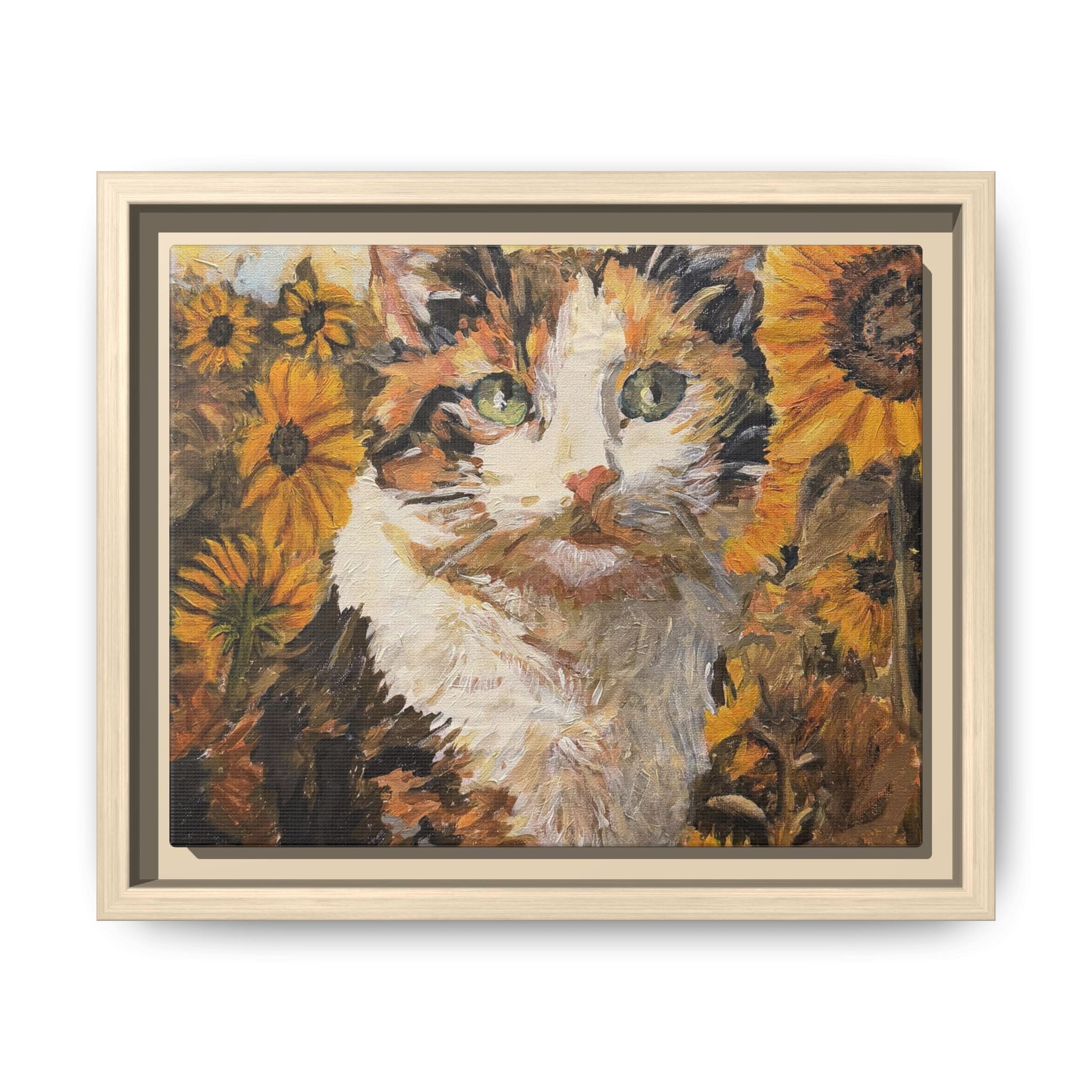 Dixie Cat in Sunflowers — Framed Matte Canvas Wall Art - Print of Original