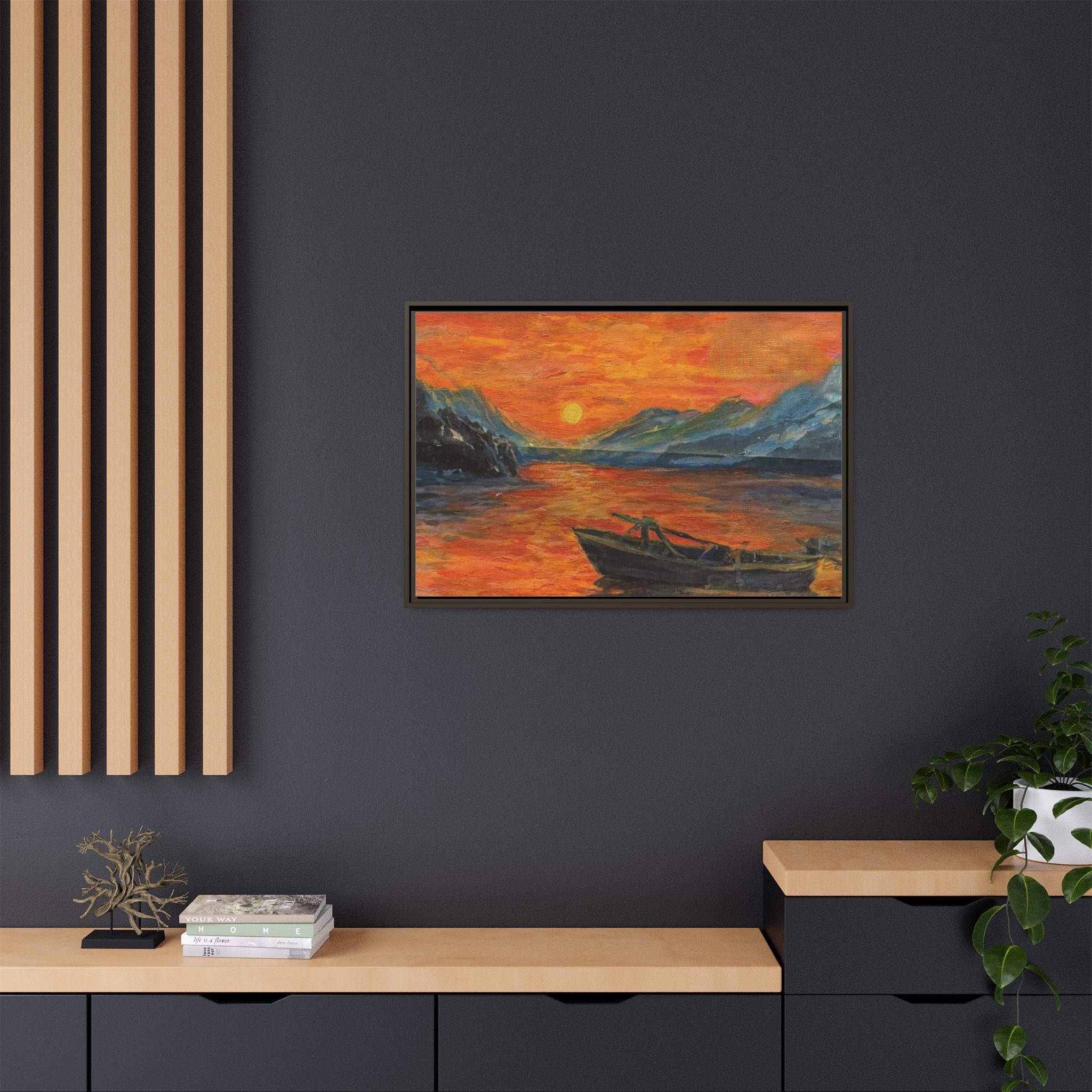 Boat on Sunset Lake Framed Canvas Print of Original — Orange Mountain Lake Wall Art