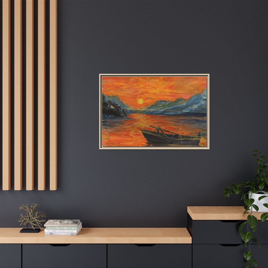 Boat on Sunset Lake Framed Canvas Print of Original — Orange Mountain Lake Wall Art