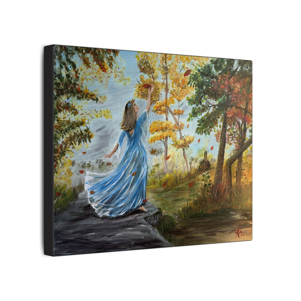 Autumn Breeze Matte Canvas Art Print – Woman in Blue Dress Fall Landscape