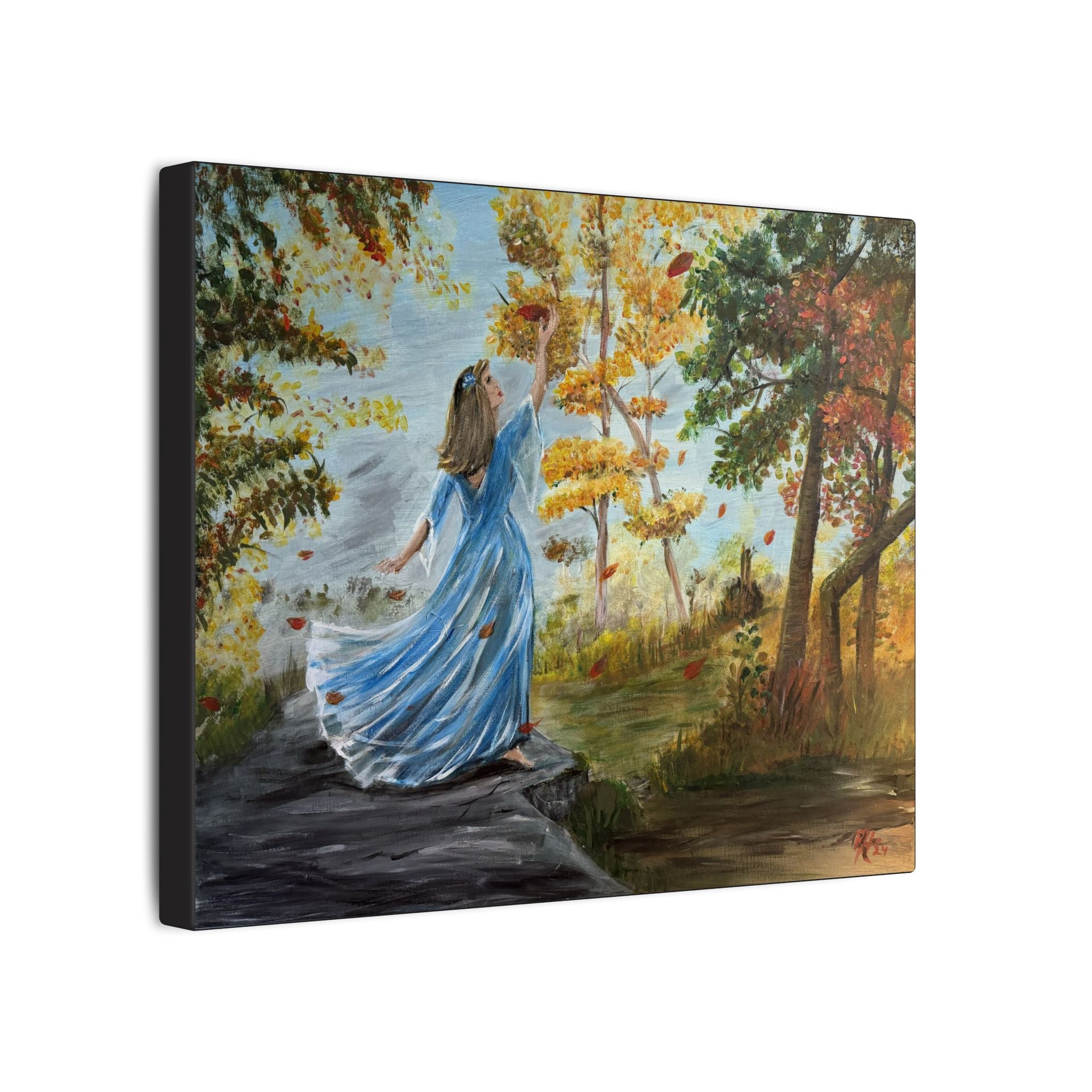 Autumn Breeze Matte Canvas Art Print – Woman in Blue Dress Fall Landscape