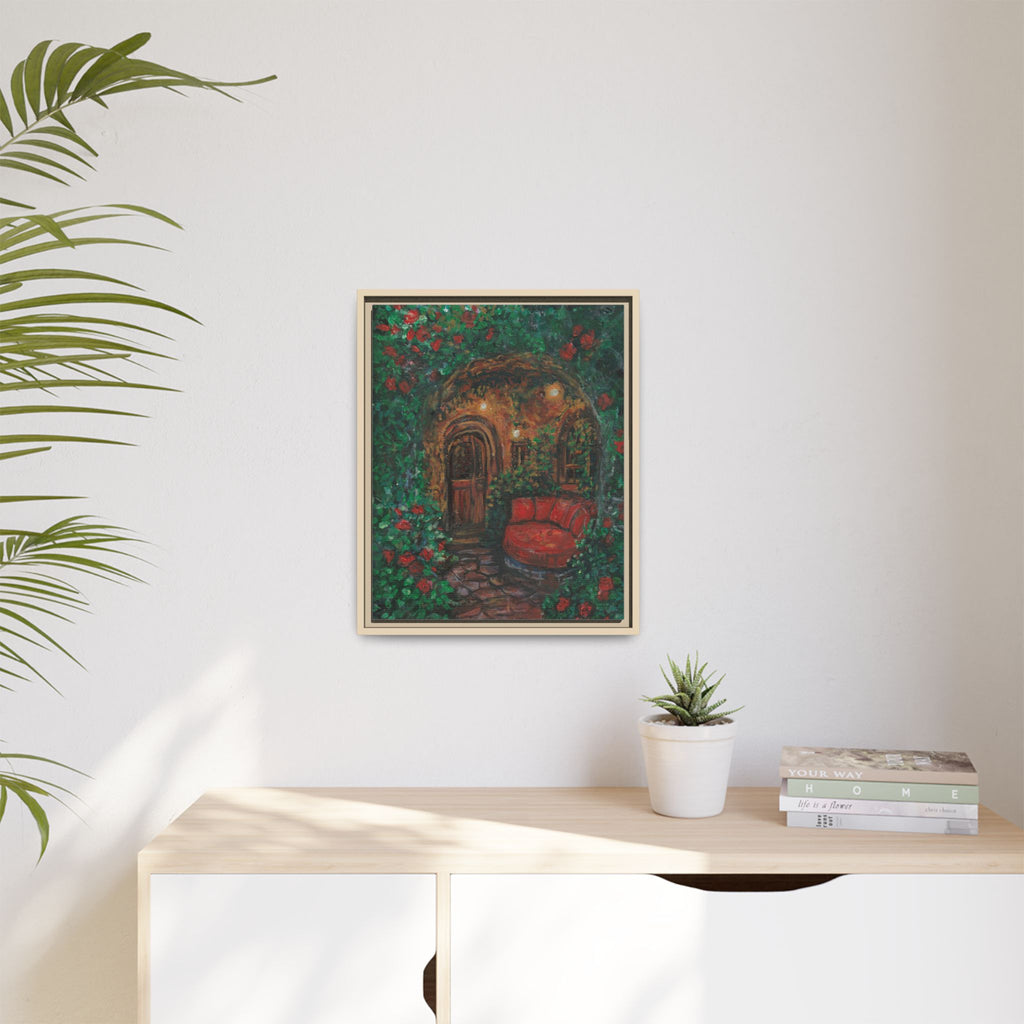 Framed Matte Canvas Art – Cozy Garden Doorway with Red Chair Print of Original Hidden Doorway