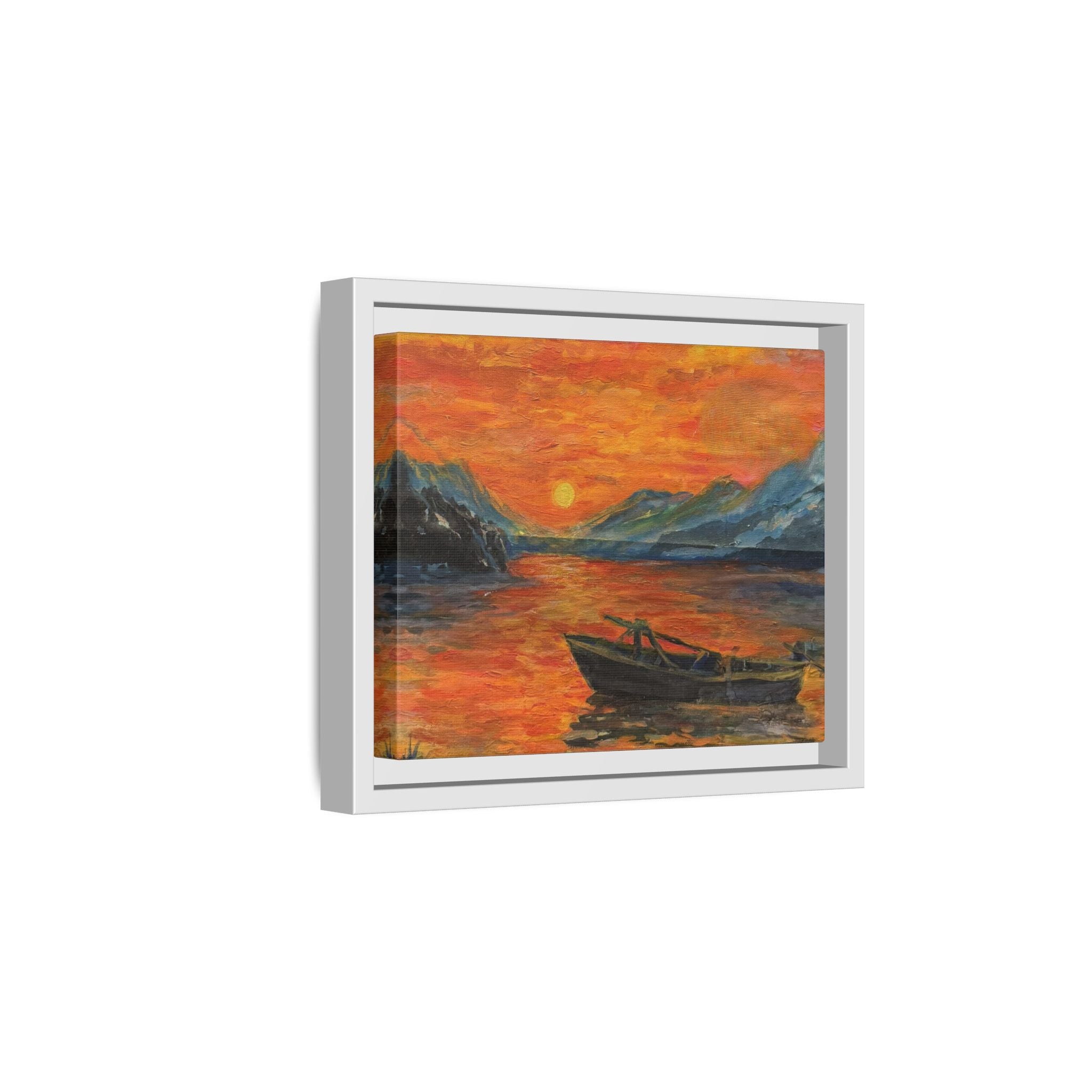 Boat on Sunset Lake Framed Canvas Print of Original — Orange Mountain Lake Wall Art