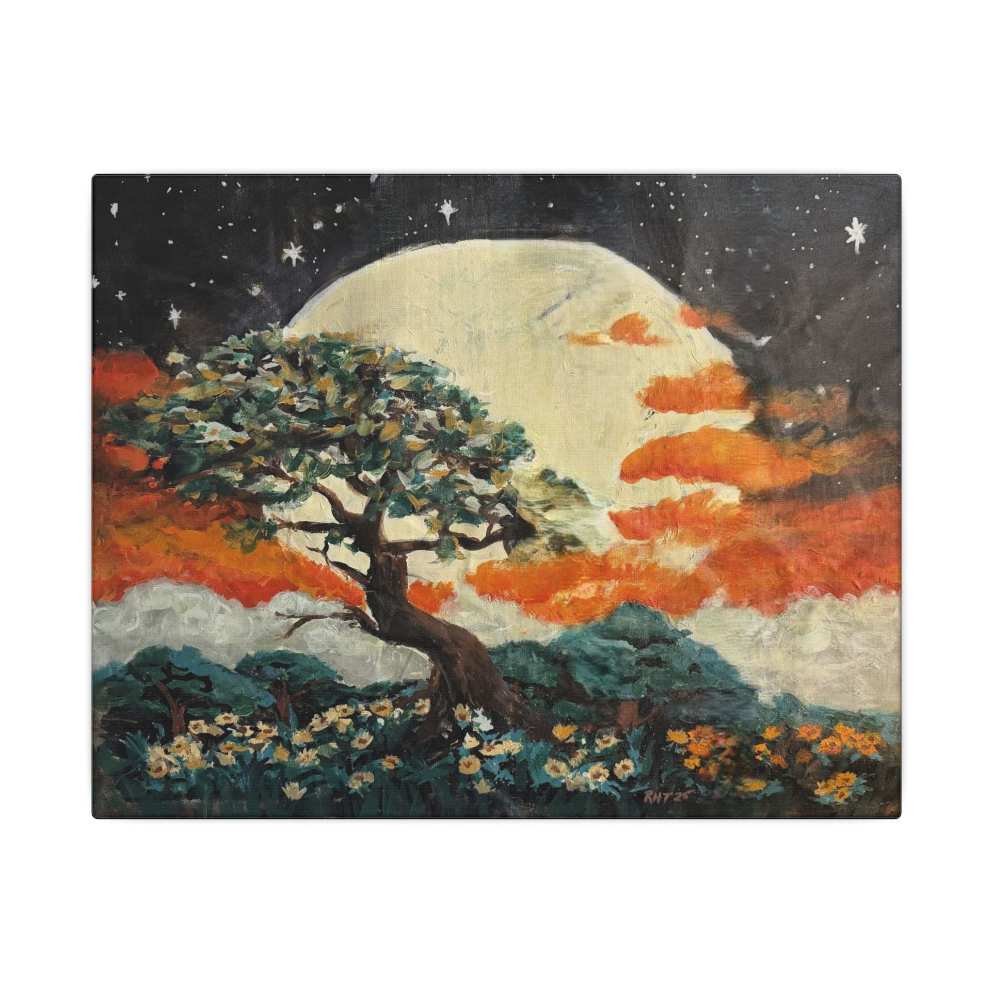 Lunar Glow Canvas Wall Art — Tranquil Moon, Tree & Stars Stretched Print of Original