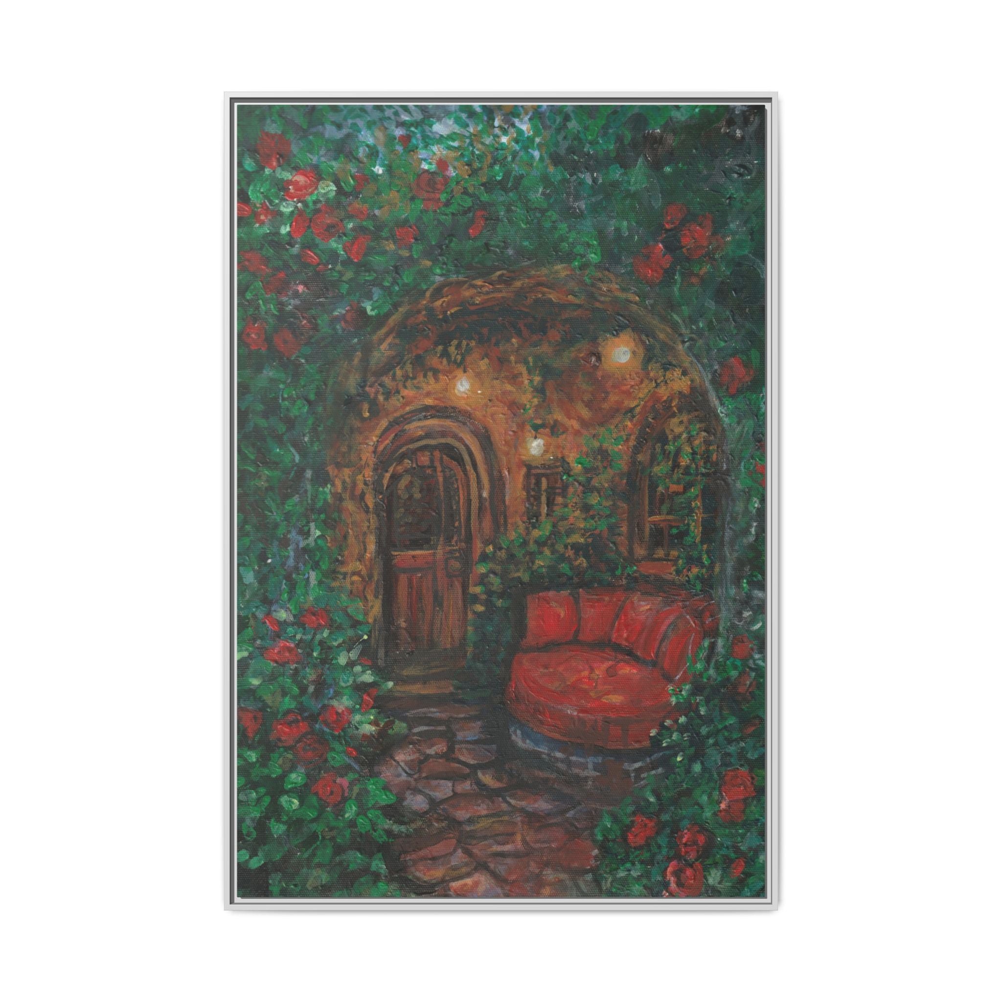 Framed Matte Canvas Art – Cozy Garden Doorway with Red Chair Print of Original Hidden Doorway