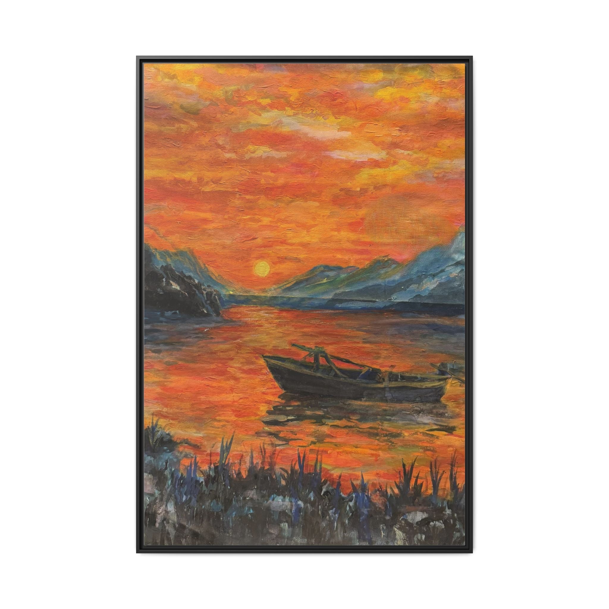 Boat on Sunset Lake Framed Canvas Print of Original — Orange Mountain Lake Wall Art
