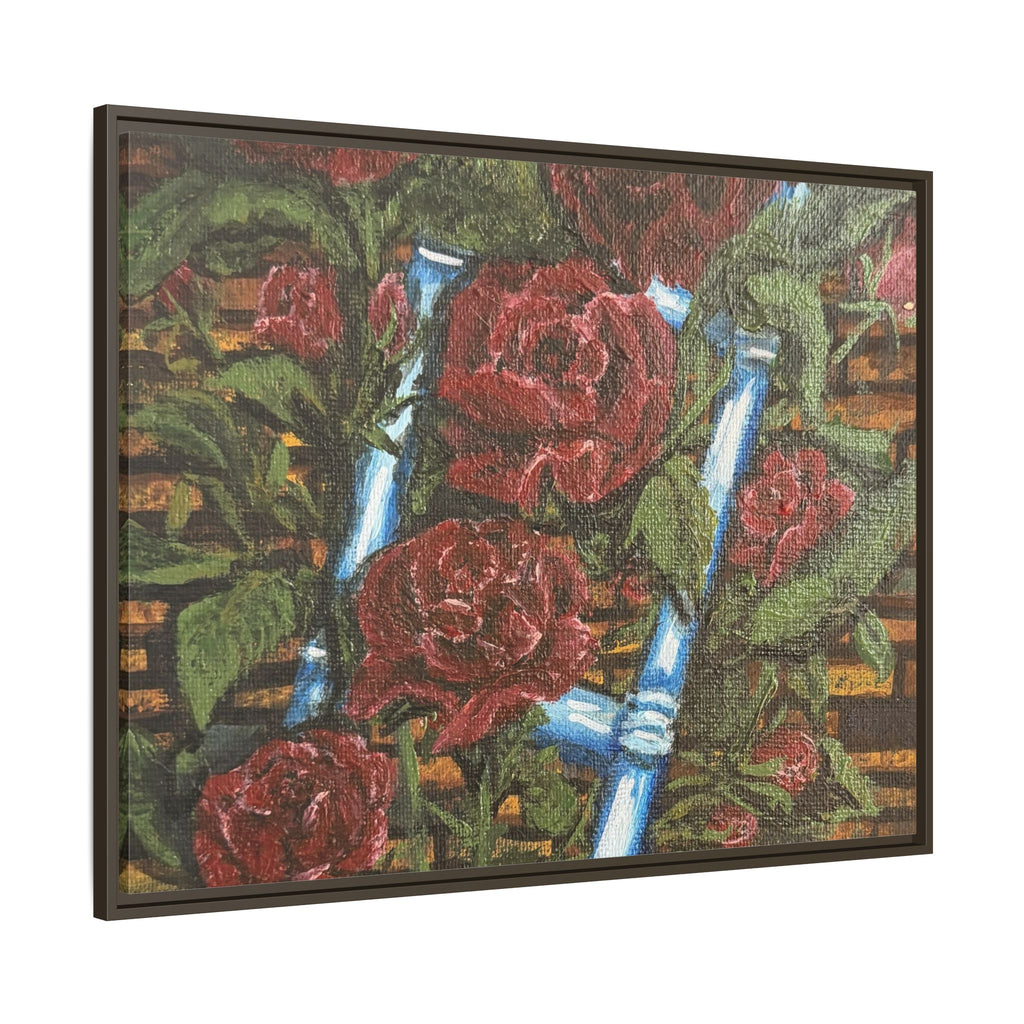 Framed Matte Canvas Art Print of Original Climbing Roses — Red Roses & Blue Ladder Floral Painting