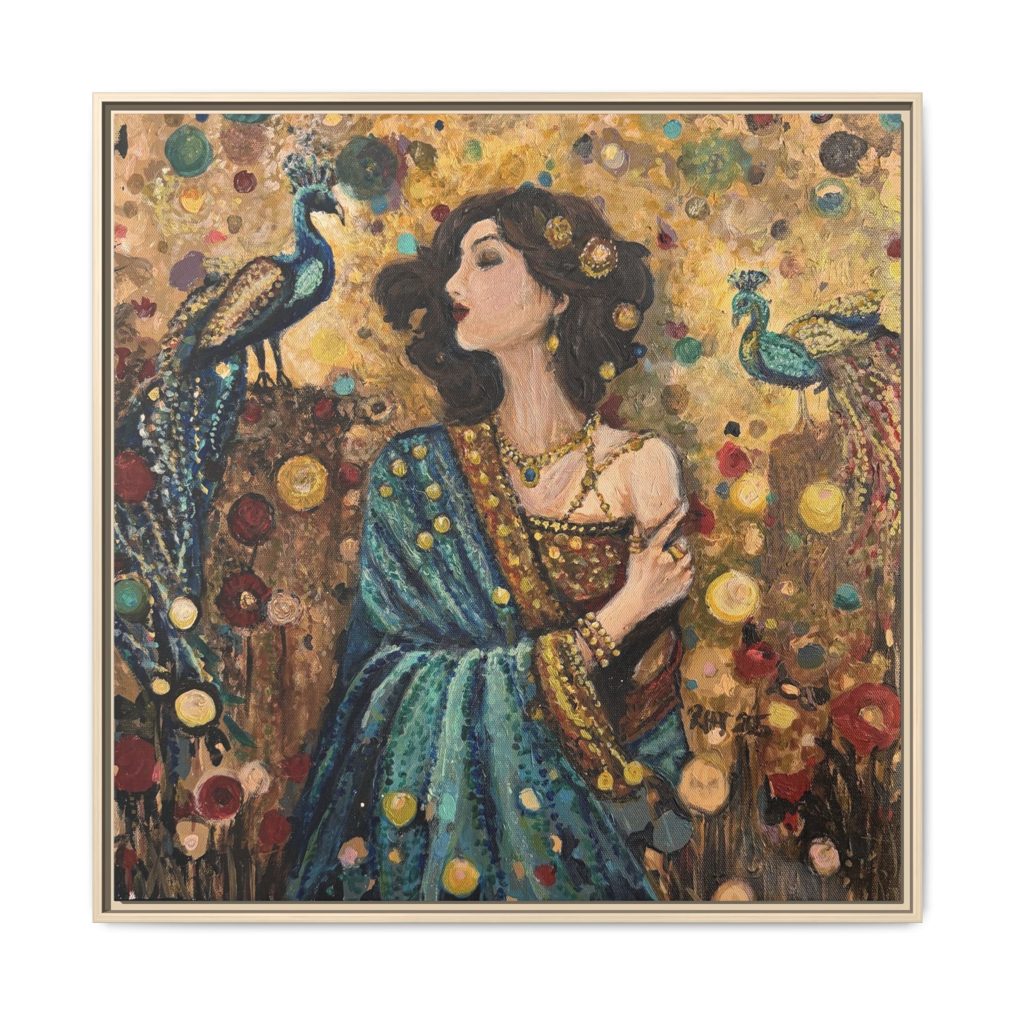 Gilded Peacock Muse Framed Canvas Art Print of Original— Bohemian Floral Decorative Print