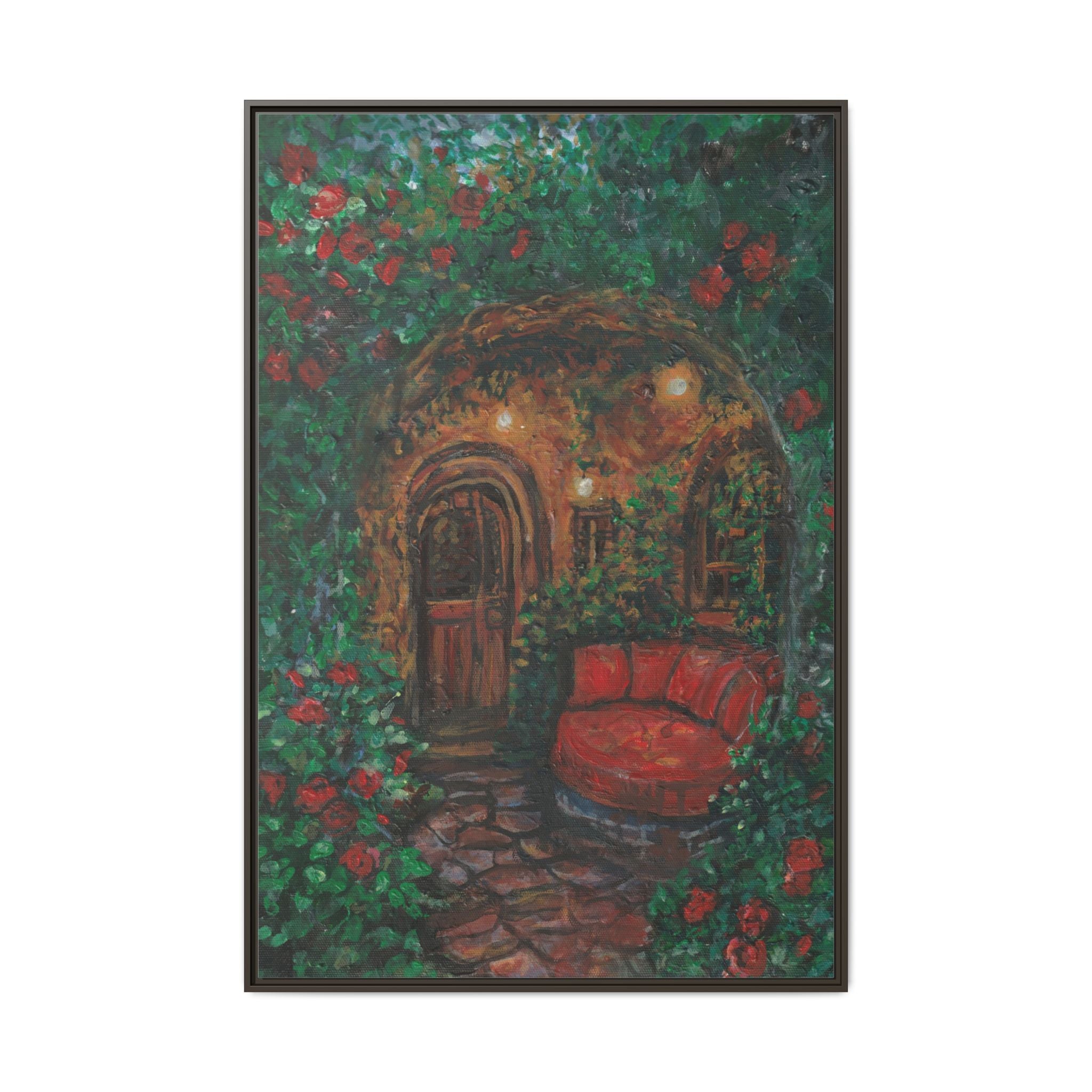 Framed Matte Canvas Art – Cozy Garden Doorway with Red Chair Print of Original Hidden Doorway