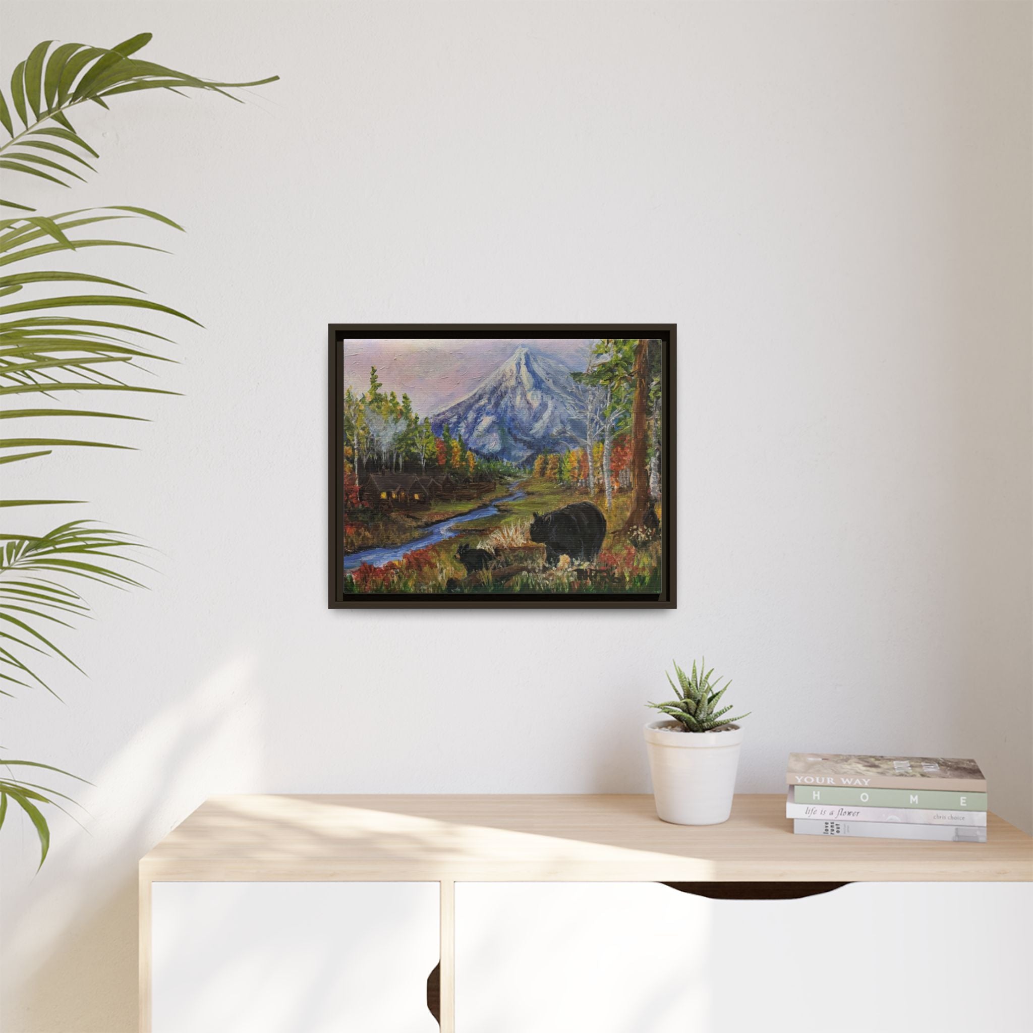Framed Matte Canvas - Three Bear Stroll  - Mountain Stream with Bears Landscape Wall Art