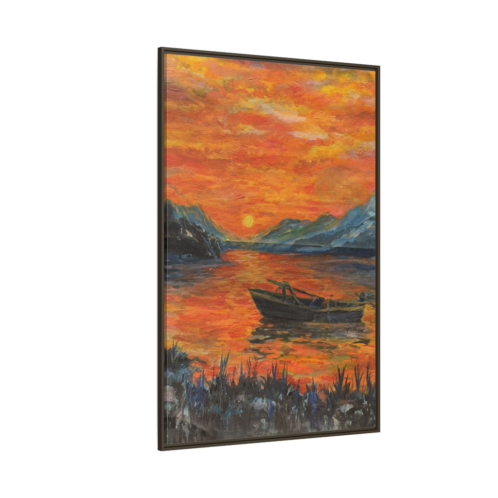 Boat on Sunset Lake Framed Canvas Print of Original — Orange Mountain Lake Wall Art