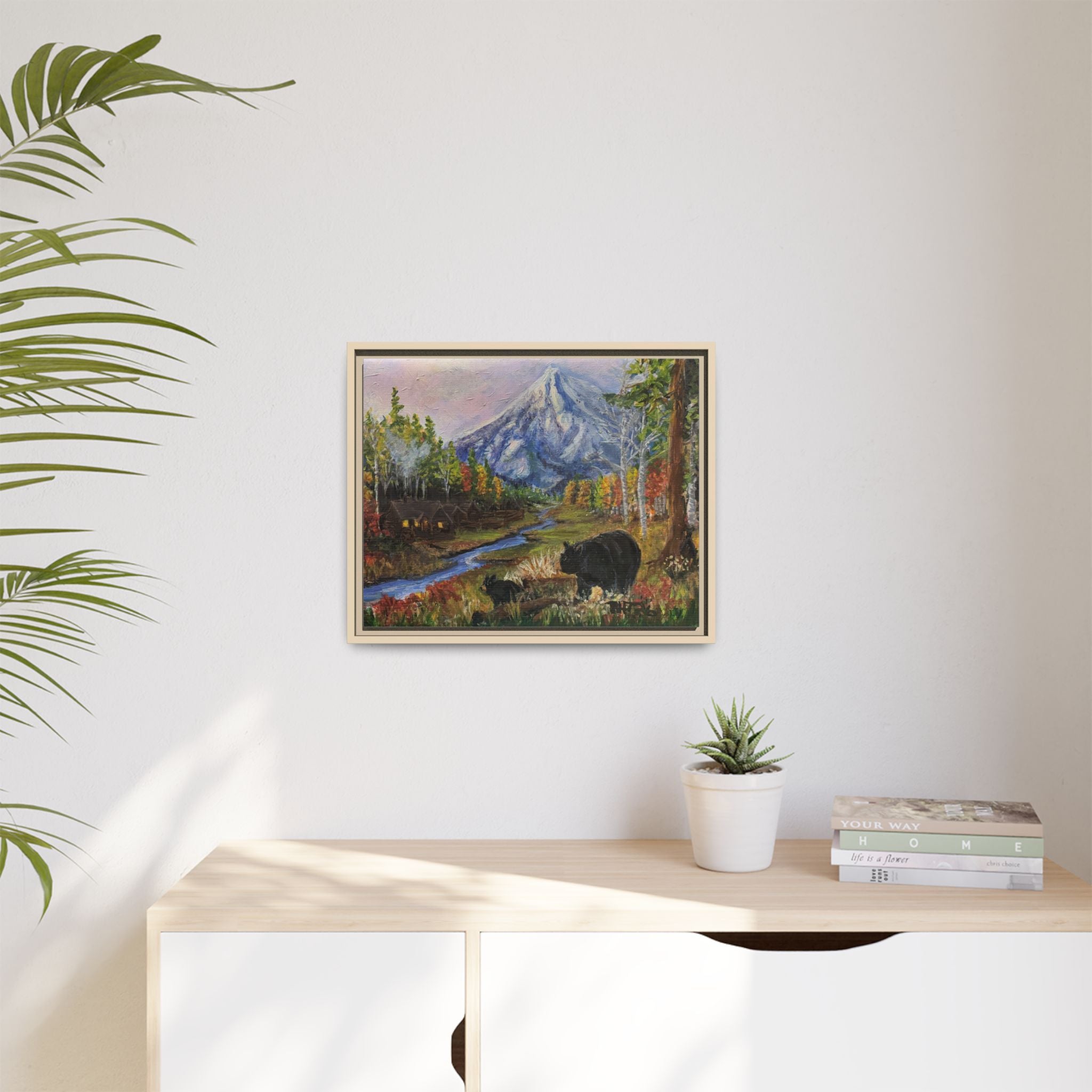 Framed Matte Canvas - Three Bear Stroll  - Mountain Stream with Bears Landscape Wall Art