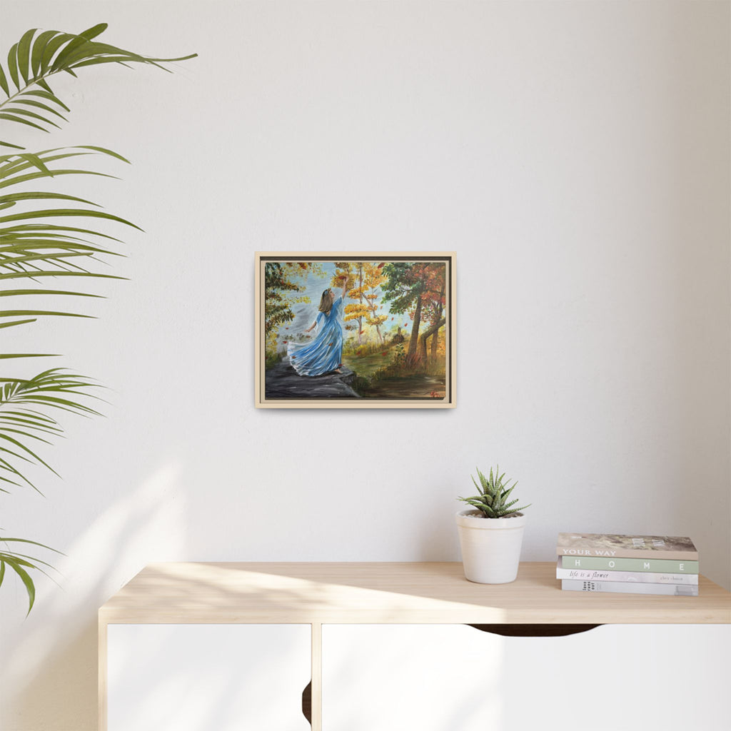 Autumn Breeze Canvas Print — Woman in Blue Dress Framed Wall Art