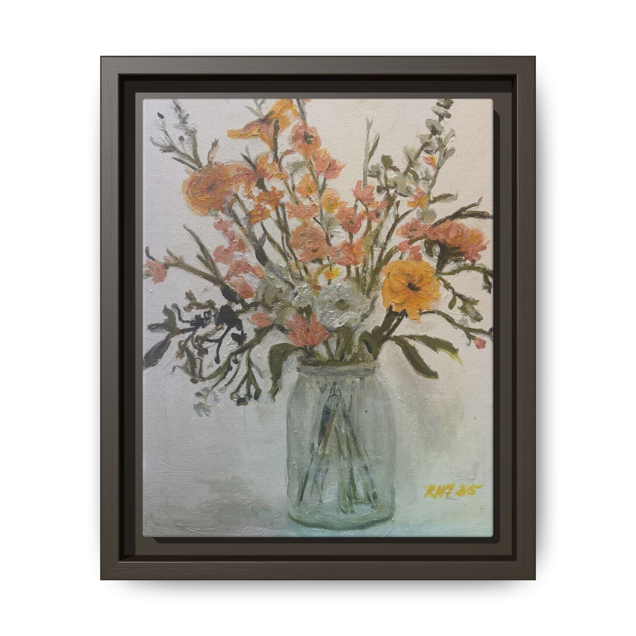 Framed Matte Canvas Art - Flower in Glass Jar Floral Painting Print of Original
