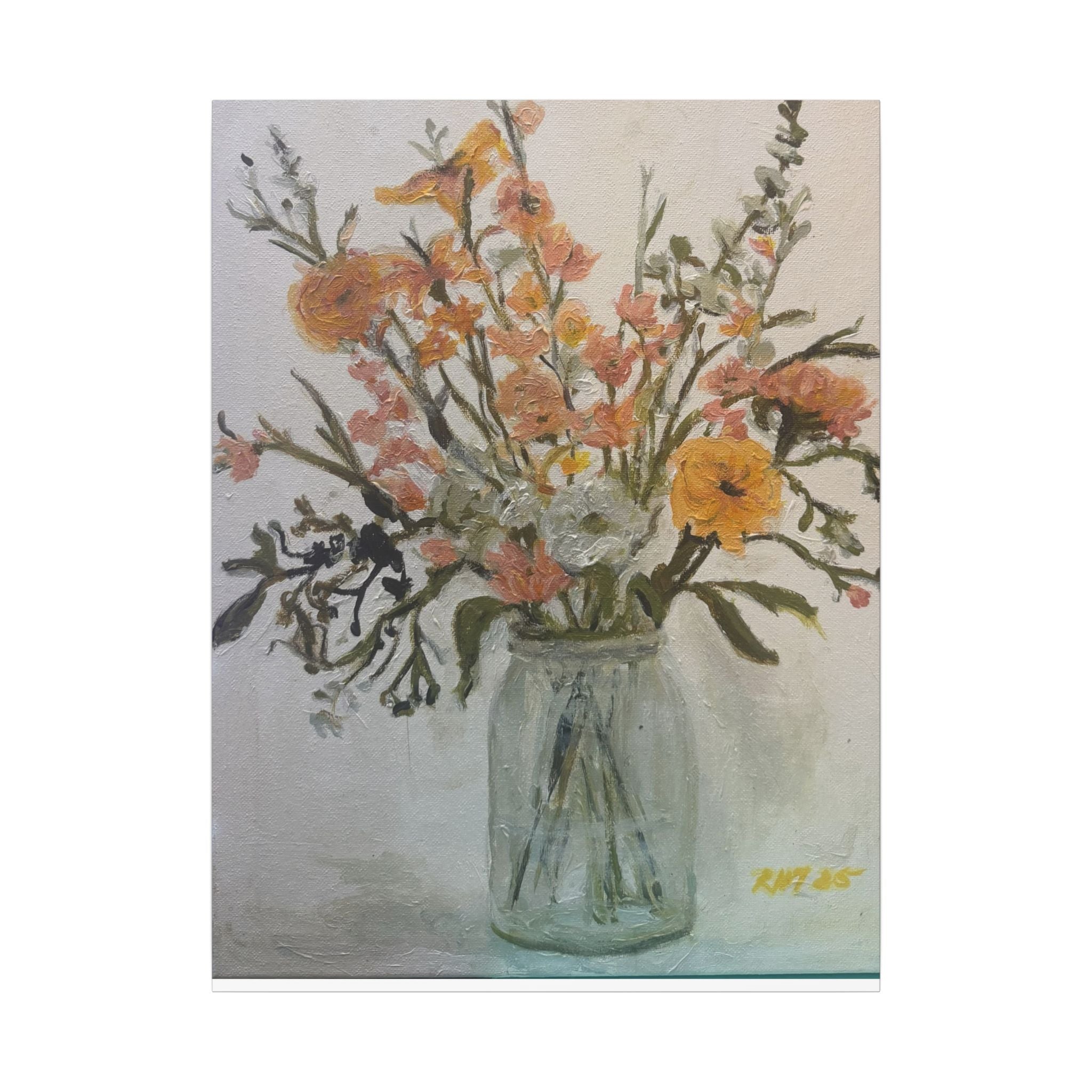 Flowers in Glass Jar Matte Canvas Print of Original— Rustic Cottage Wall Art