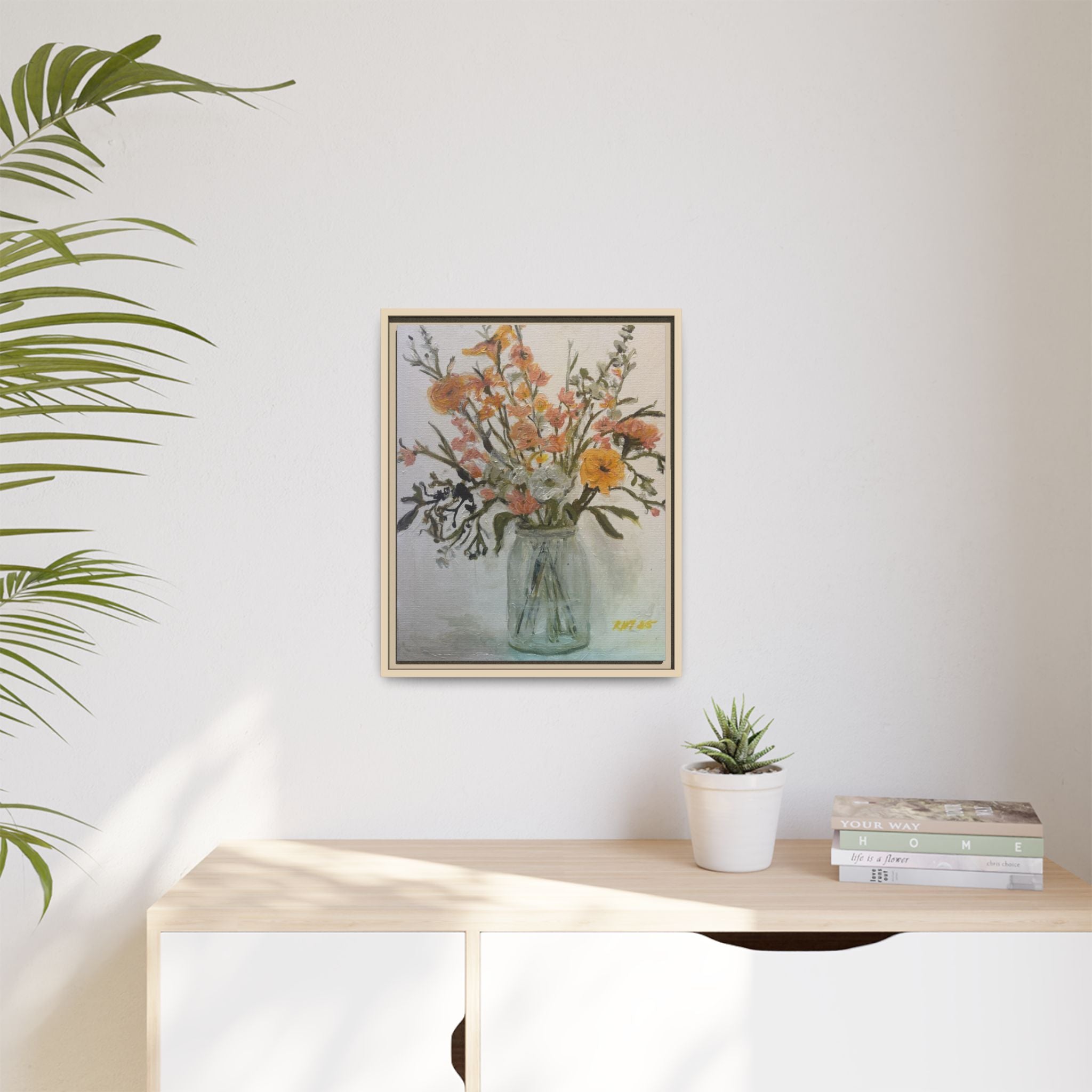 Framed Matte Canvas Art - Flower in Glass Jar Floral Painting Print of Original