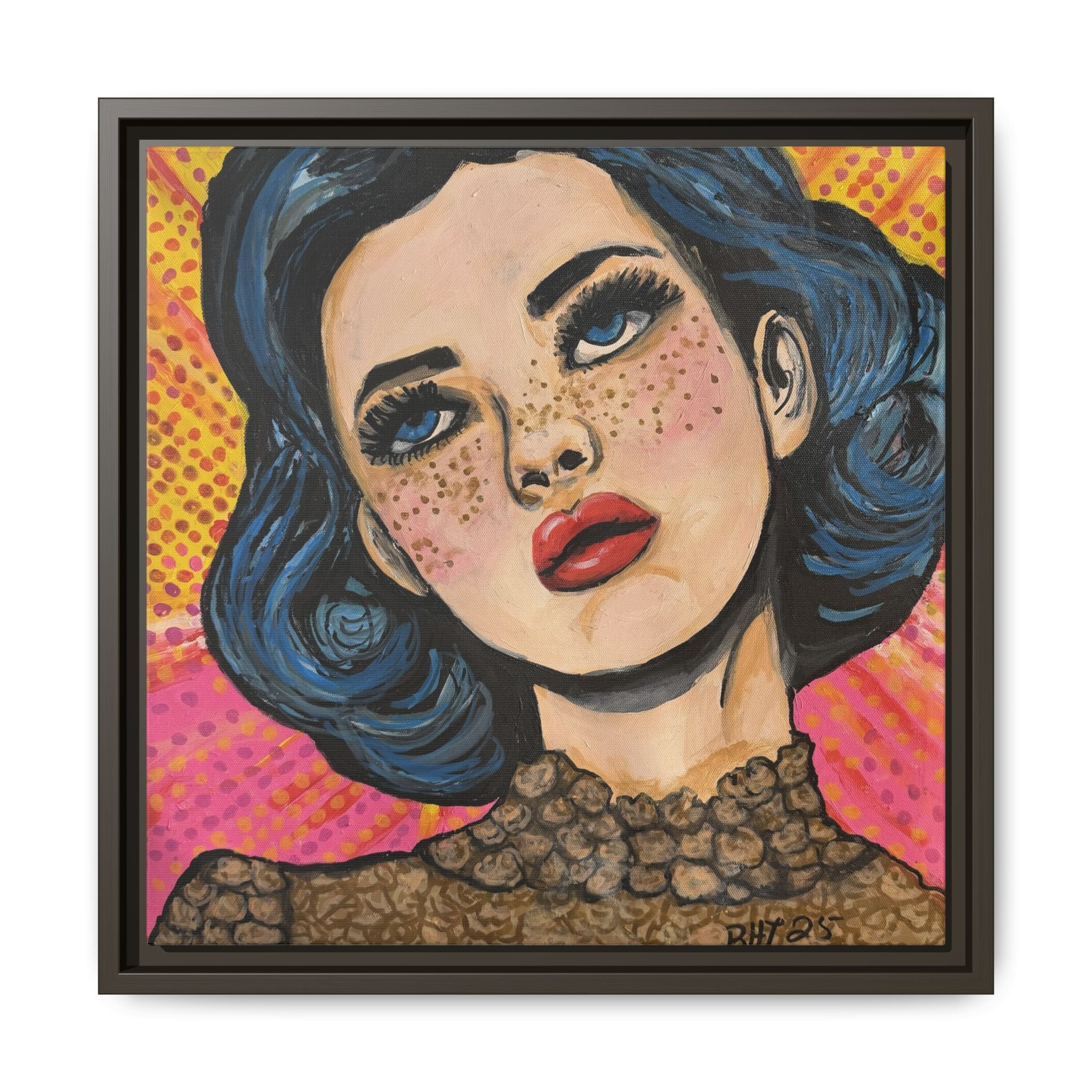 Pop Art Portrait Matte Canvas Print of Original "OMG" (Framed) — Retro Blue-Haired Woman Wall Art