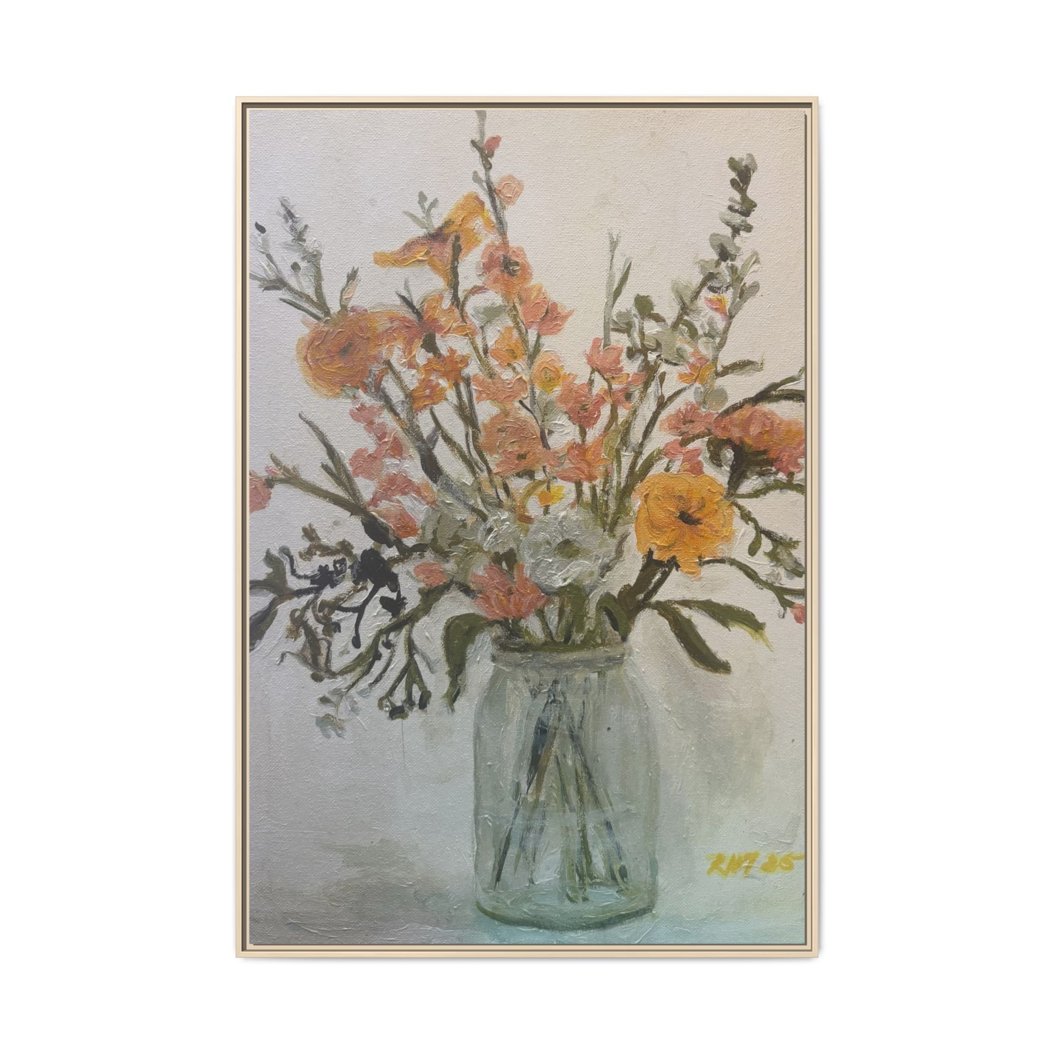Framed Matte Canvas Art - Flower in Glass Jar Floral Painting Print of Original