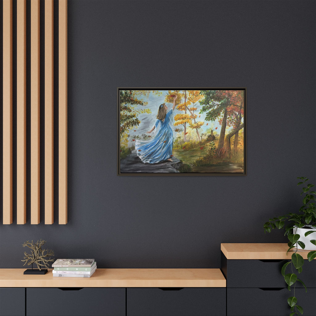 Autumn Breeze Canvas Print — Woman in Blue Dress Framed Wall Art