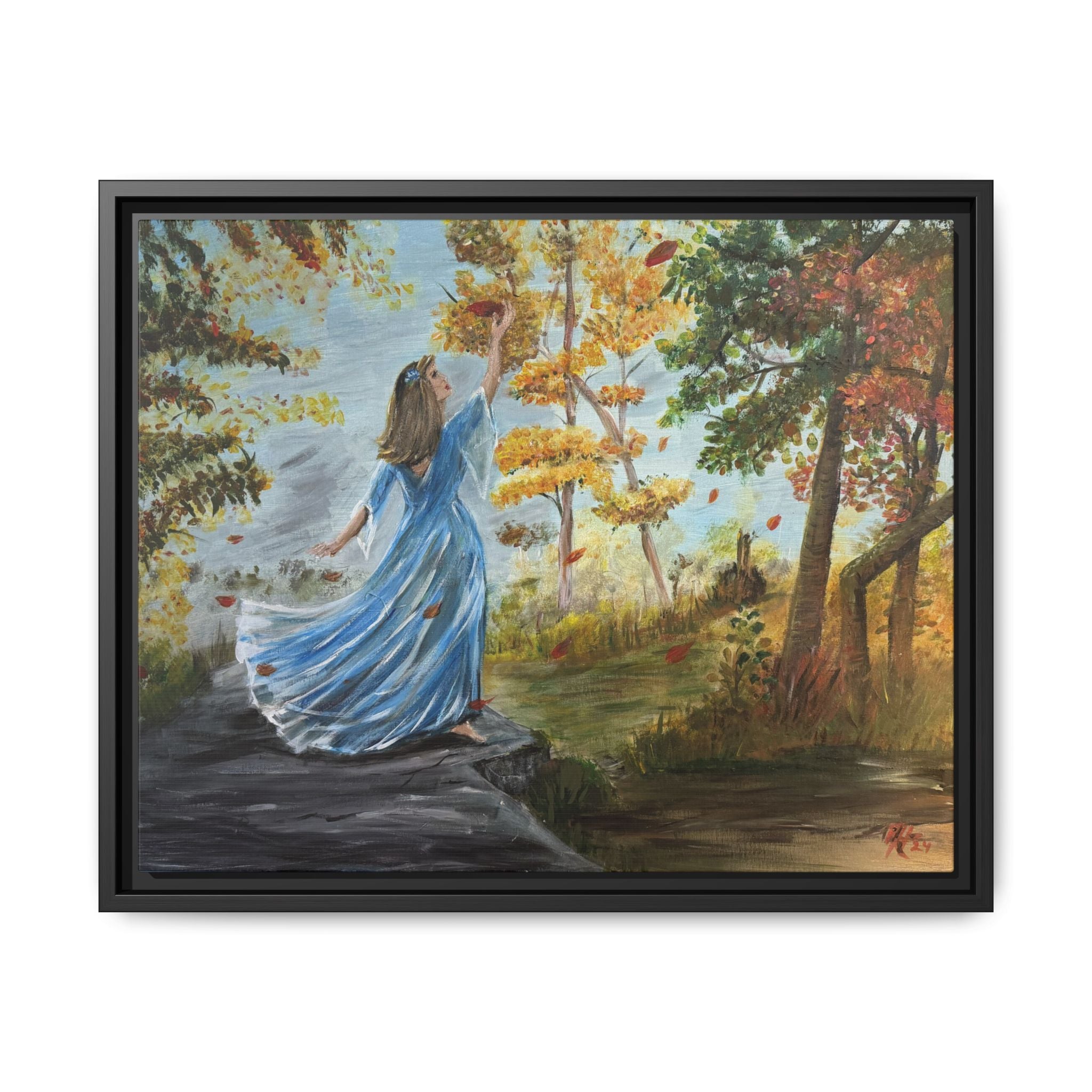Autumn Breeze Canvas Print — Woman in Blue Dress Framed Wall Art