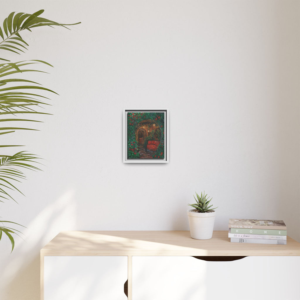 Framed Matte Canvas Art – Cozy Garden Doorway with Red Chair Print of Original Hidden Doorway