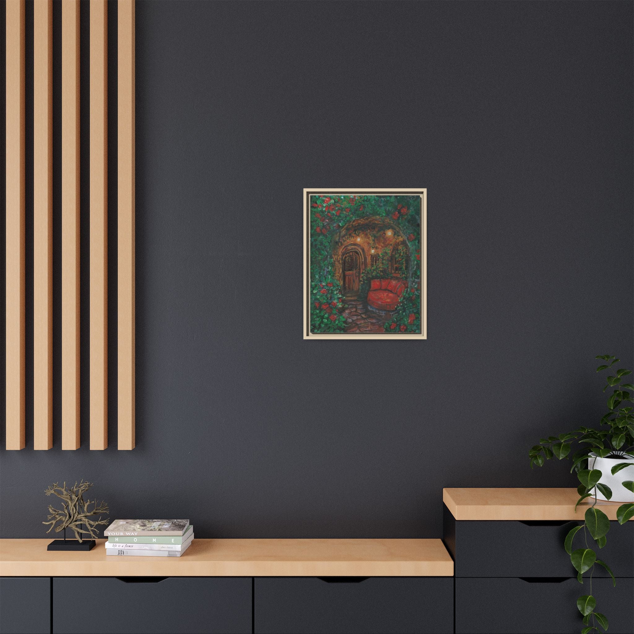 Framed Matte Canvas Art – Cozy Garden Doorway with Red Chair Print of Original Hidden Doorway