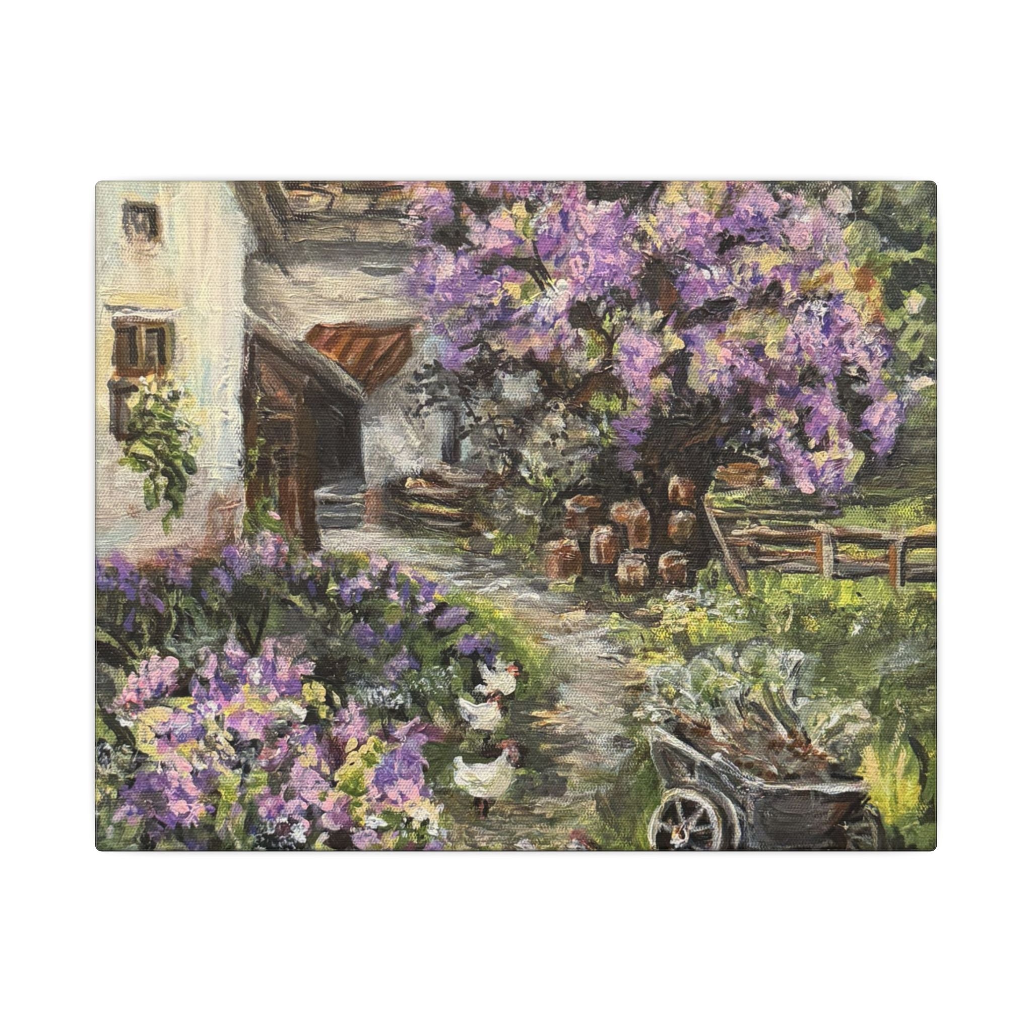 Lavender Cottage Canvas Print — Rustic Spring Garden Wall Art (Matte Stretched)