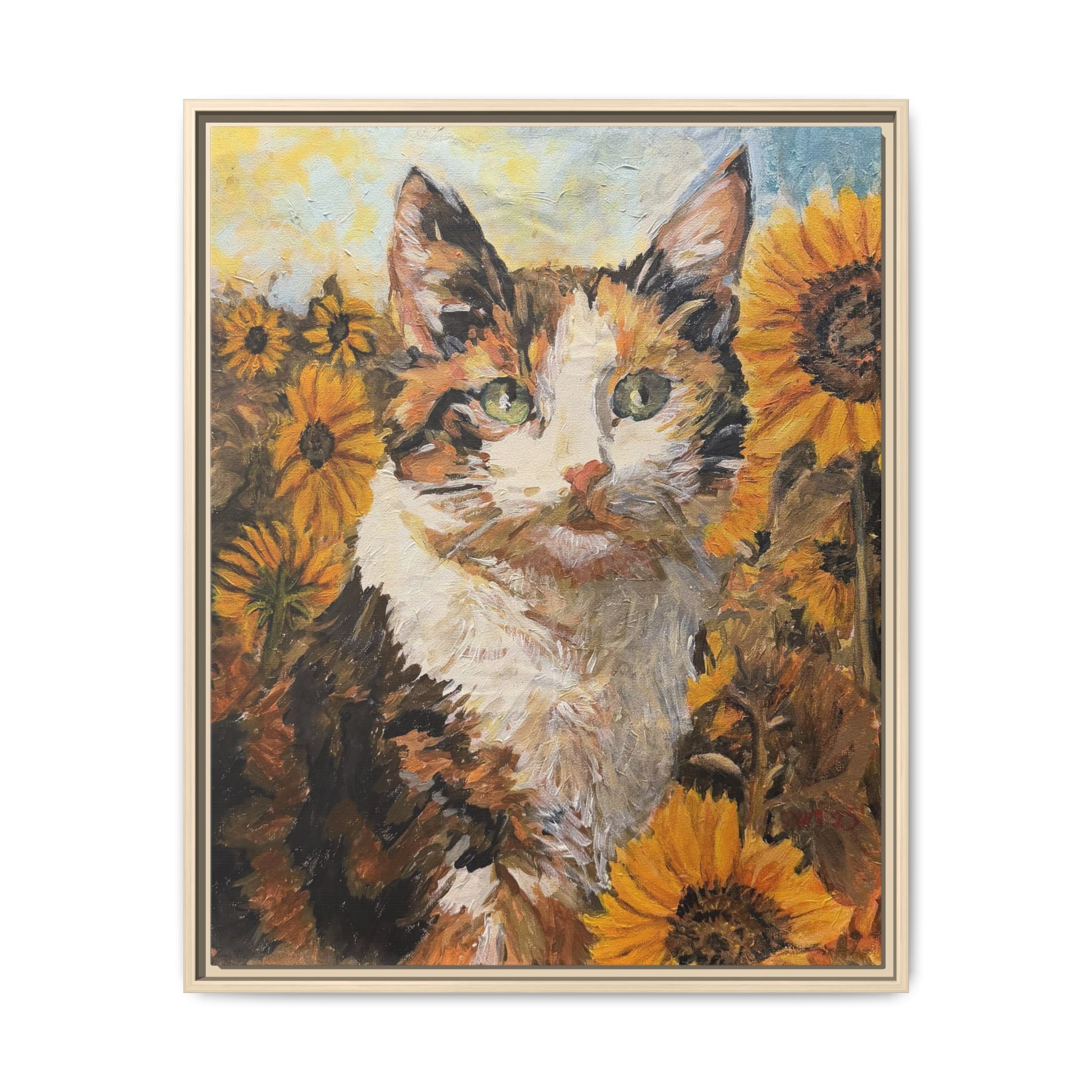Dixie Cat in Sunflowers — Framed Matte Canvas Wall Art - Print of Original