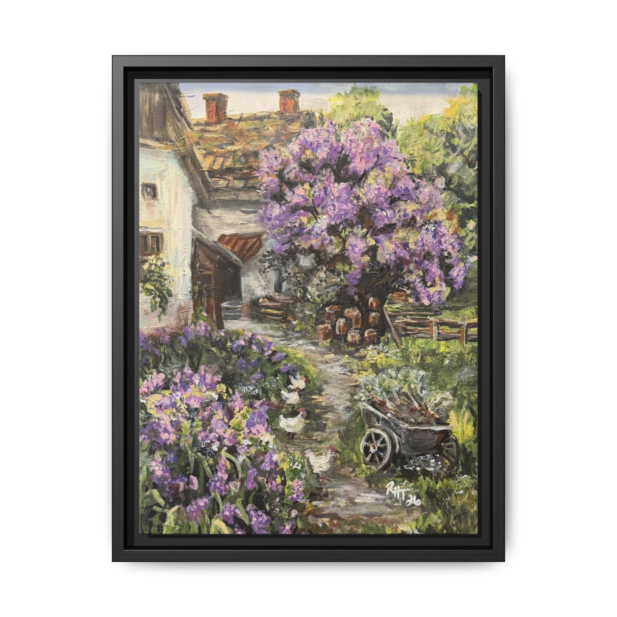 Framed Matte Canvas Print of Original Lavender Cottage— Cottage Garden with Purple Wisteria Wall Art