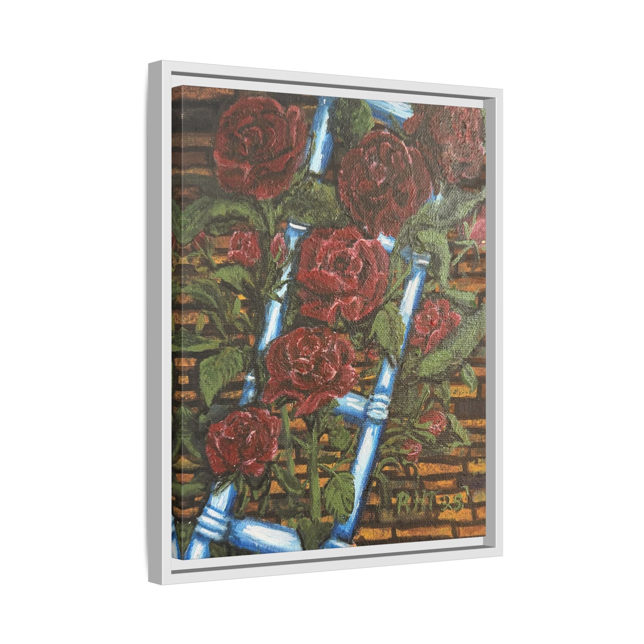 Framed Matte Canvas Art Print of Original Climbing Roses — Red Roses & Blue Ladder Floral Painting