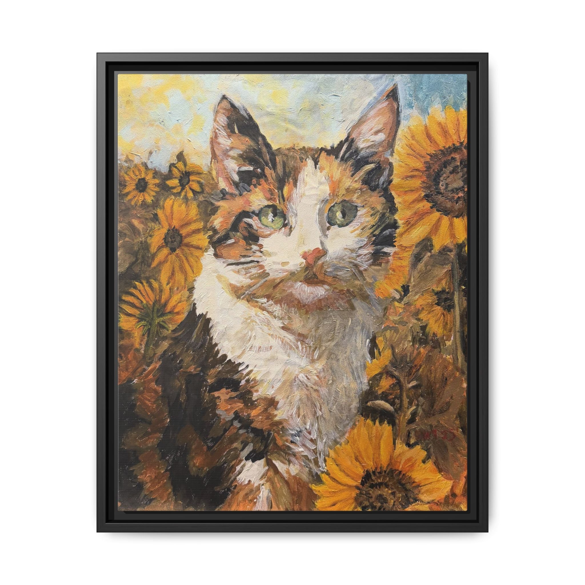 Dixie Cat in Sunflowers — Framed Matte Canvas Wall Art - Print of Original