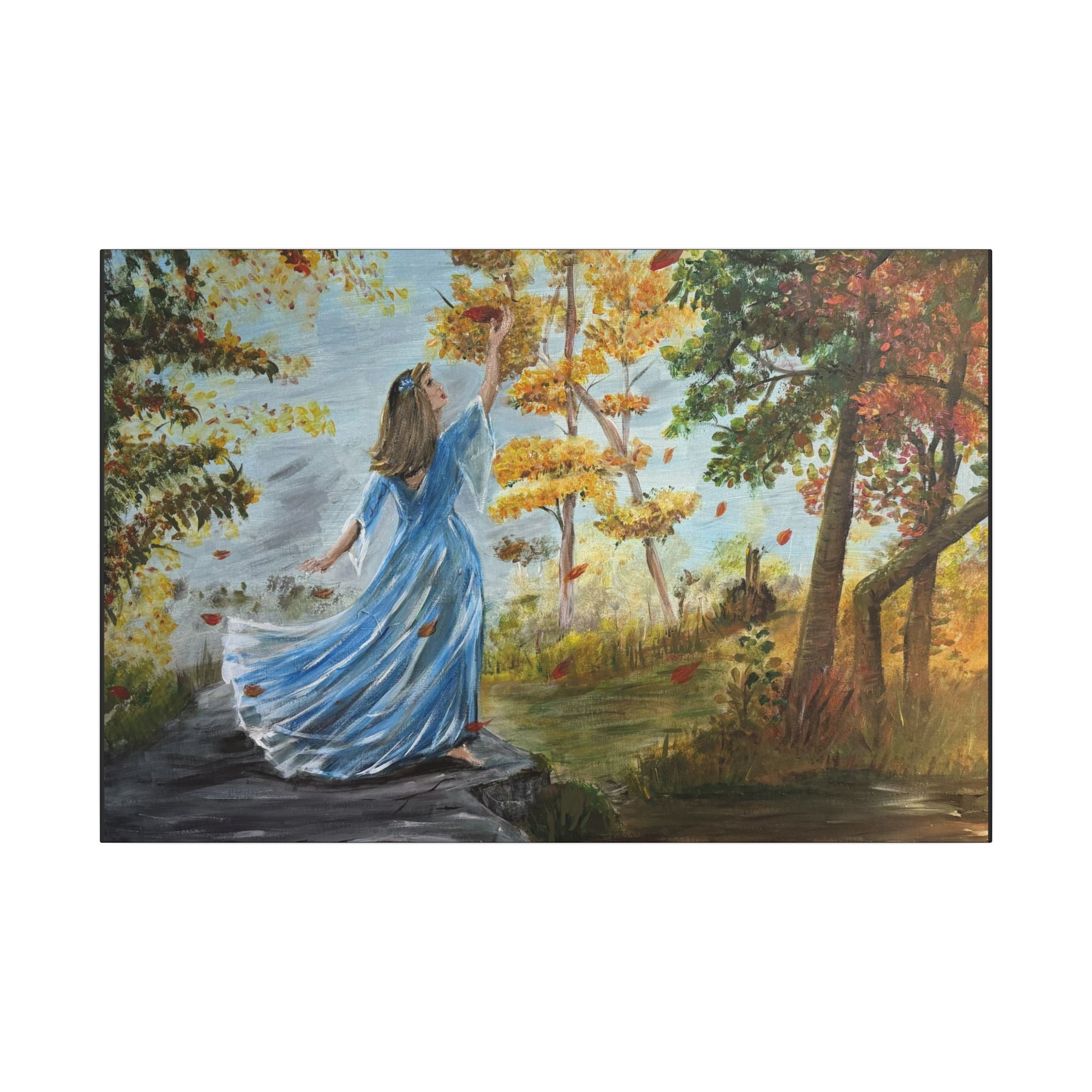 Autumn Breeze Matte Canvas Art Print – Woman in Blue Dress Fall Landscape