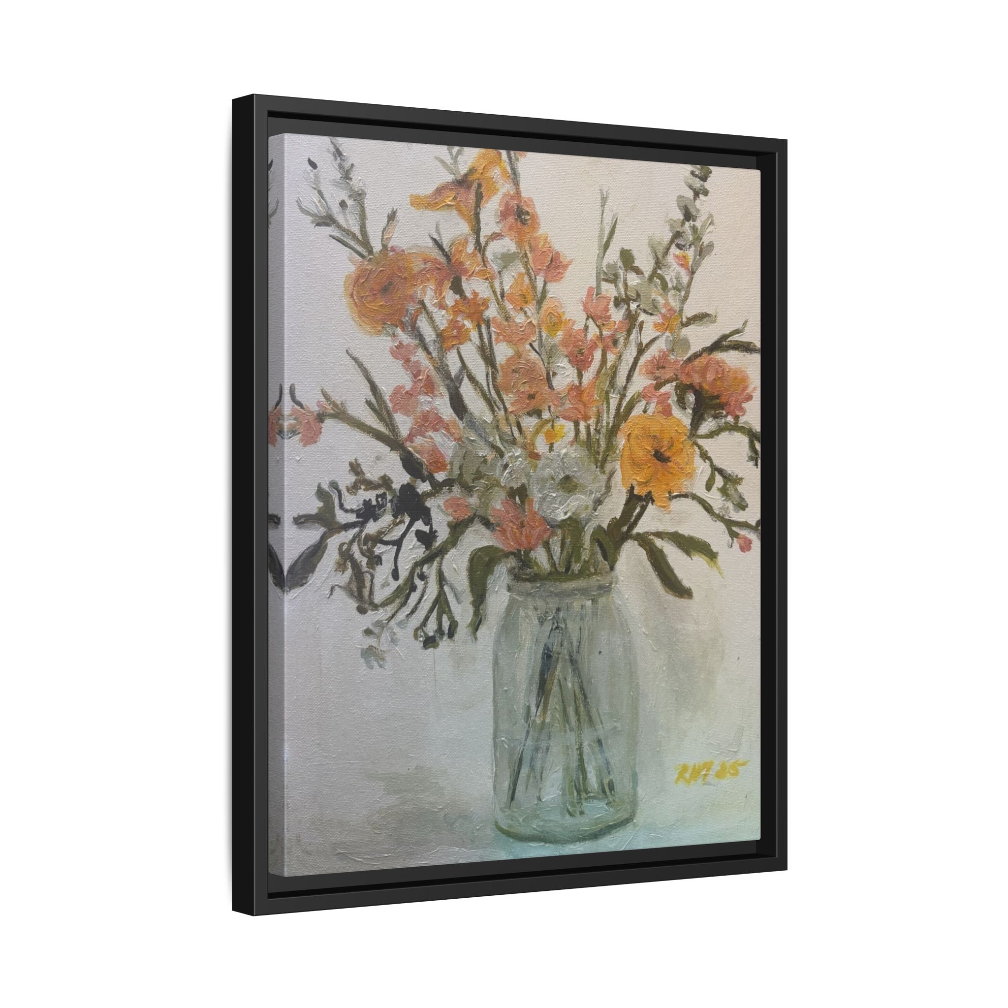 Framed Matte Canvas Art - Flower in Glass Jar Floral Painting Print of Original