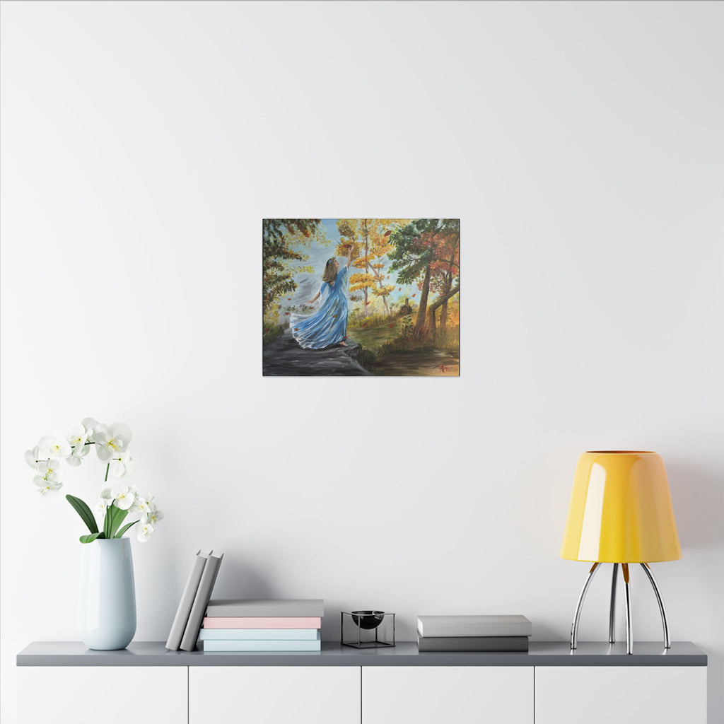 Autumn Breeze Matte Canvas Art Print – Woman in Blue Dress Fall Landscape