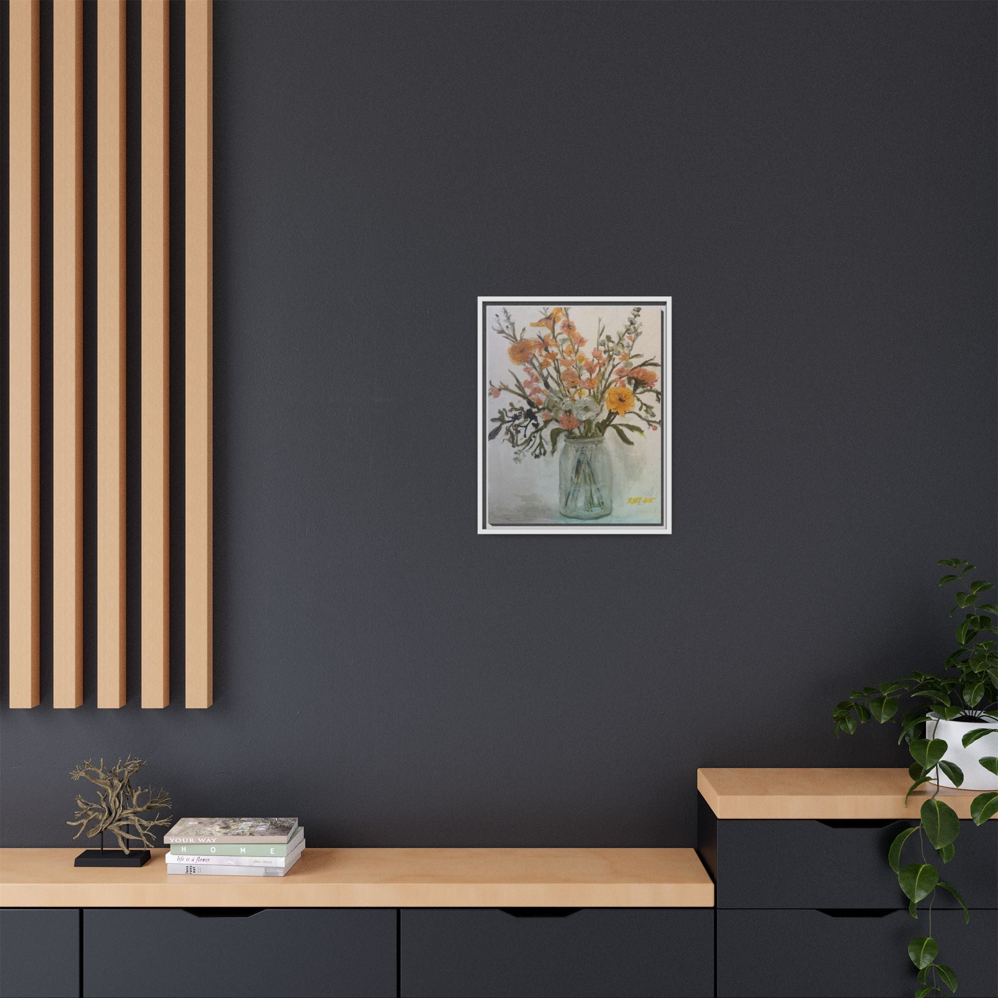 Framed Matte Canvas Art - Flower in Glass Jar Floral Painting Print of Original