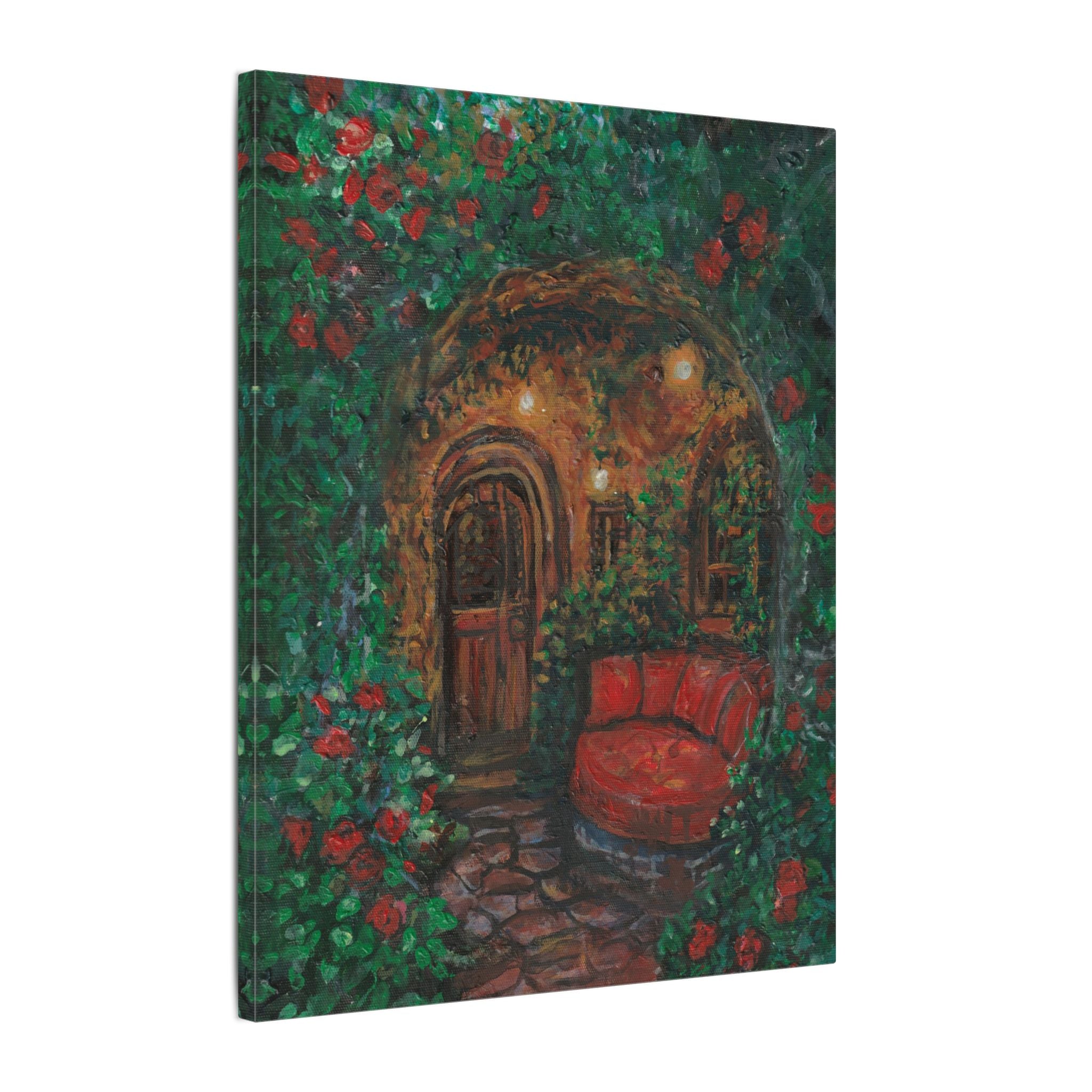 Hidden Entrance Canvas Art - Cozy Red Chair Doorway Painting Print of Original