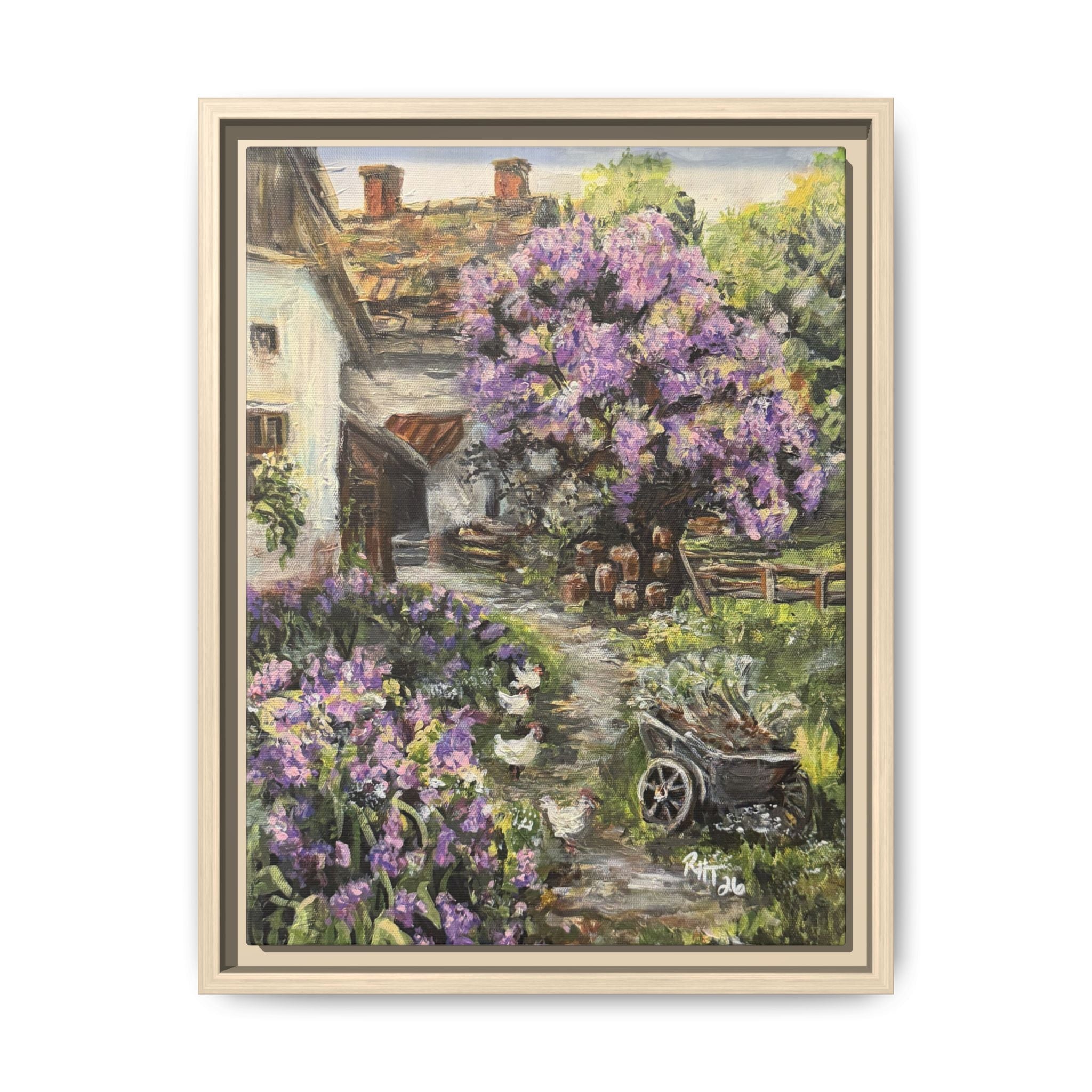 Framed Matte Canvas Print of Original Lavender Cottage— Cottage Garden with Purple Wisteria Wall Art