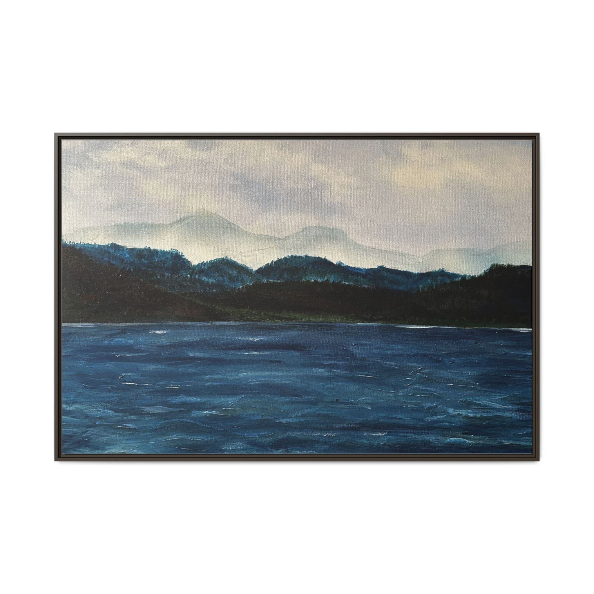 Framed Canvas Print of Original Misty Mountain – Moody Blue Wall Art