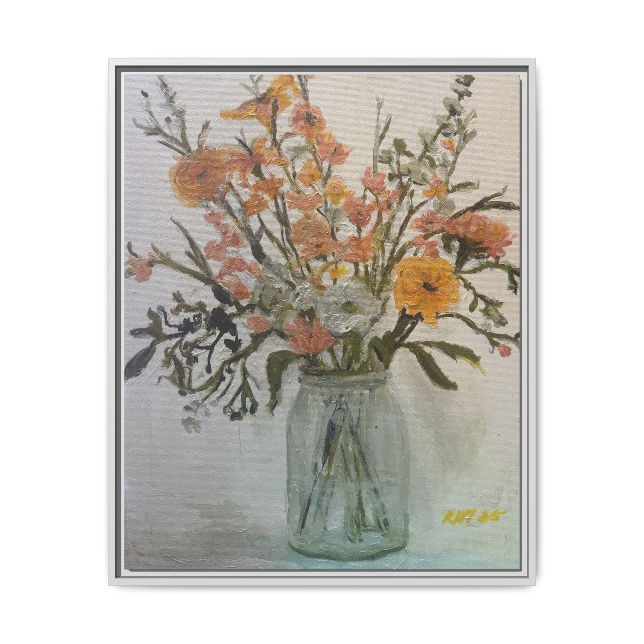 Framed Matte Canvas Art - Flower in Glass Jar Floral Painting Print of Original