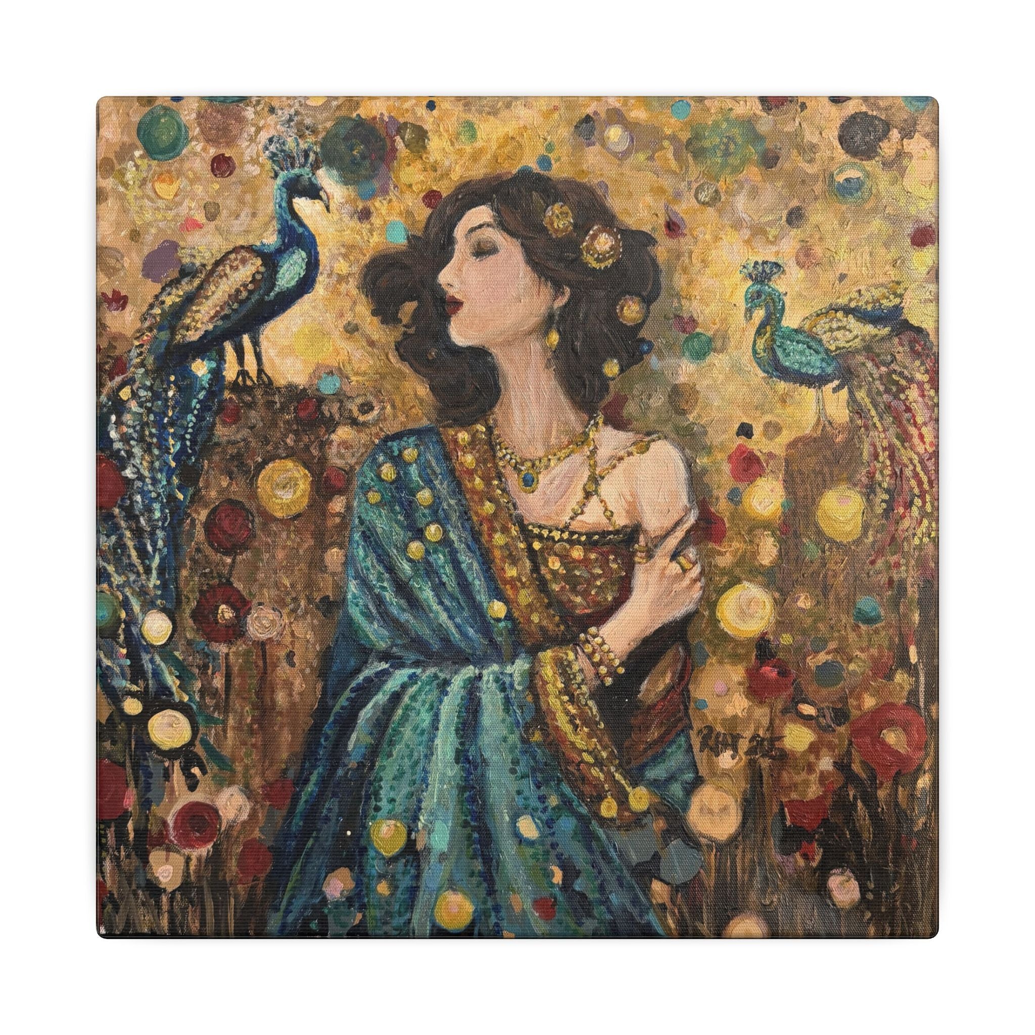 Gilded Peacock Muse Matte Canvas Wall Art  Print of Original— Stretched Decorative Painting