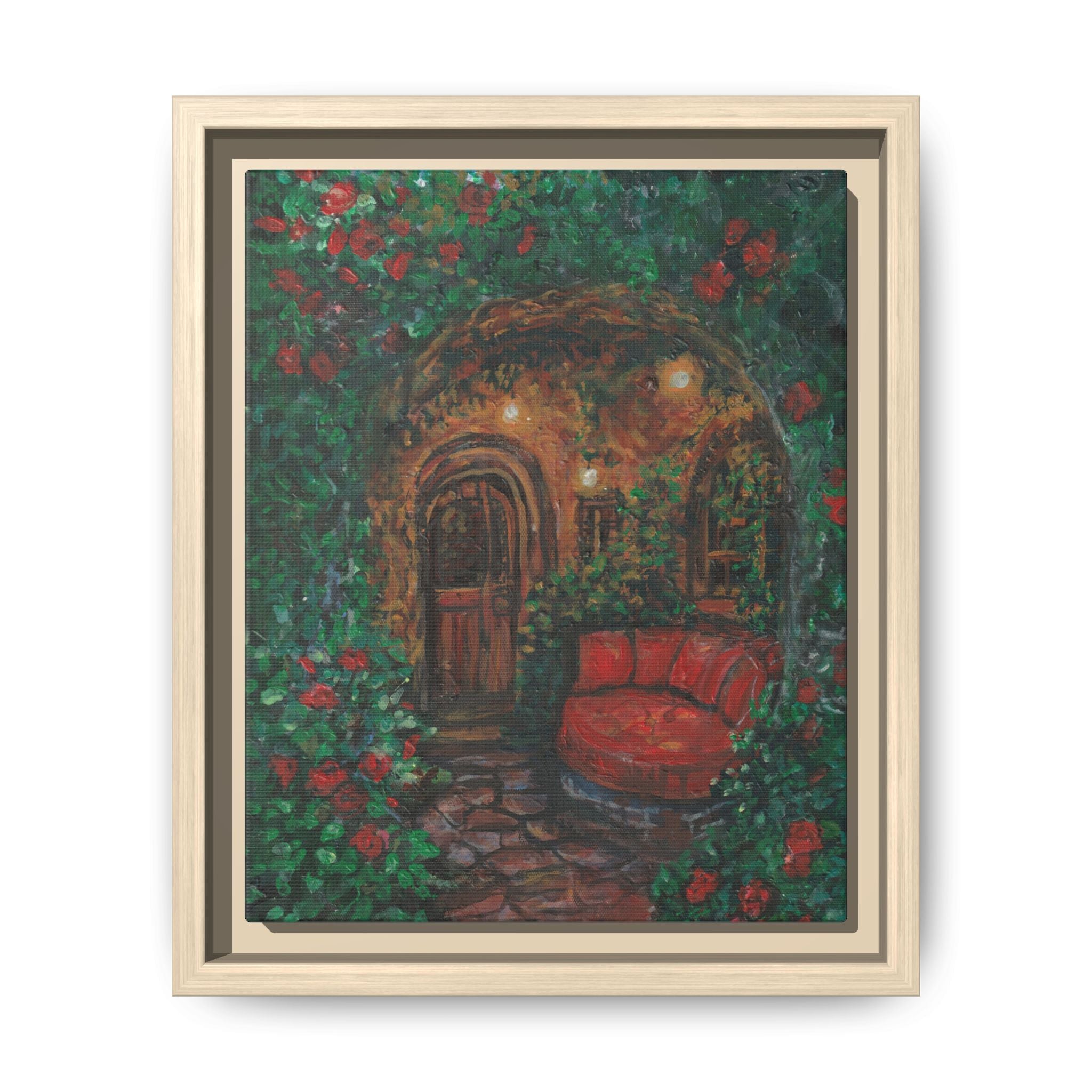 Framed Matte Canvas Art – Cozy Garden Doorway with Red Chair Print of Original Hidden Doorway
