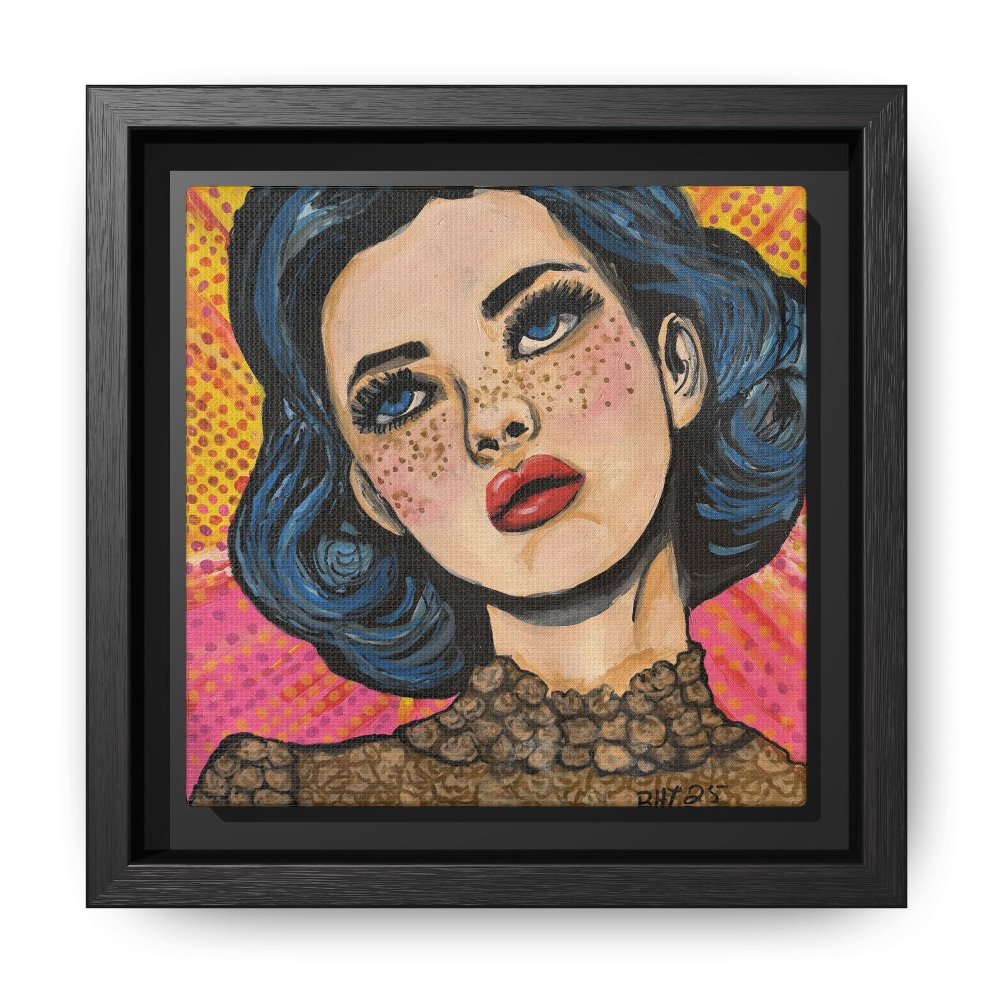 Pop Art Portrait Matte Canvas Print of Original "OMG" (Framed) — Retro Blue-Haired Woman Wall Art