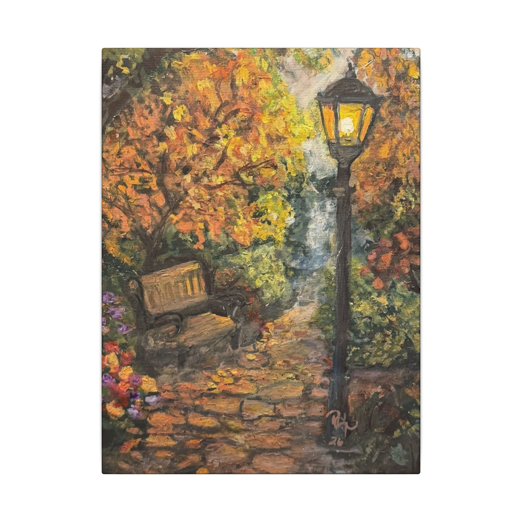 Autumn Evening in the Park Canvas Print of Original— Lantern & Bench Fall Wall Decor