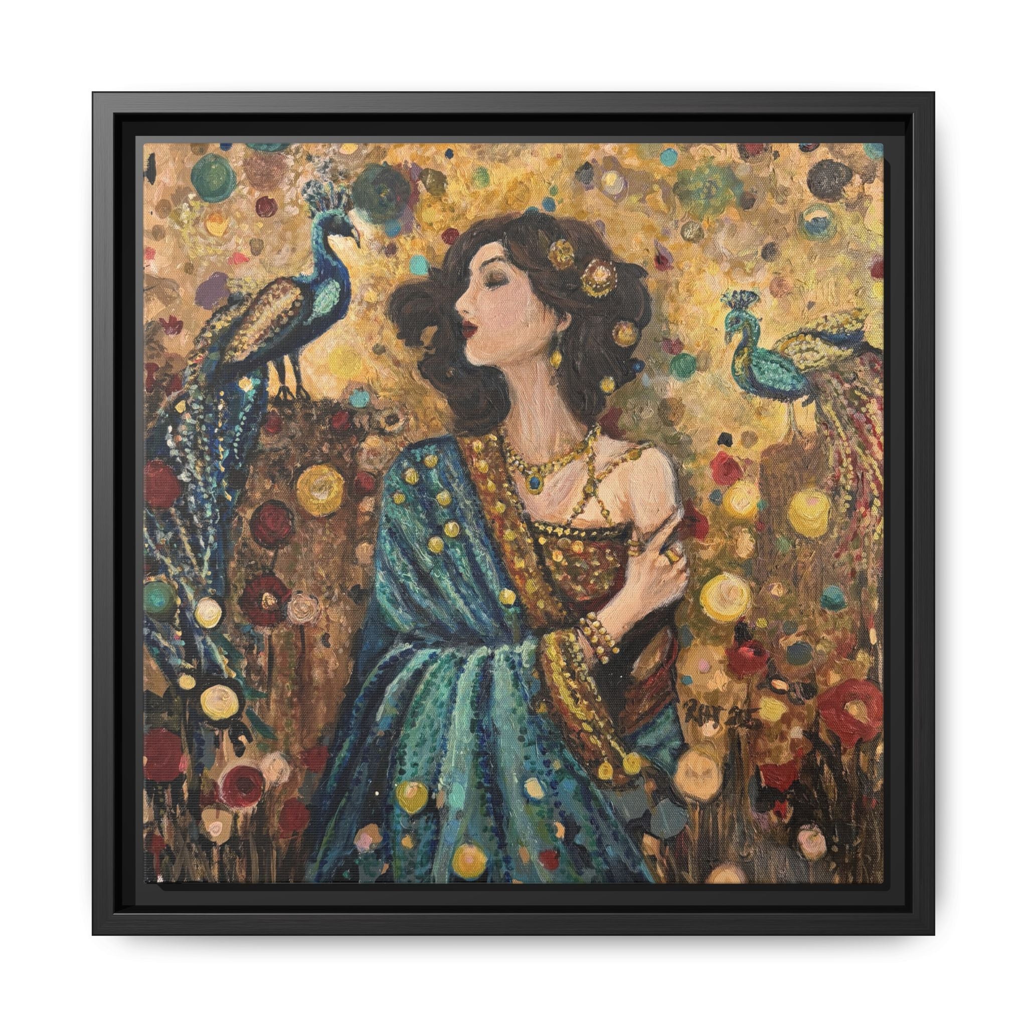 Gilded Peacock Muse Framed Canvas Art Print of Original— Bohemian Floral Decorative Print