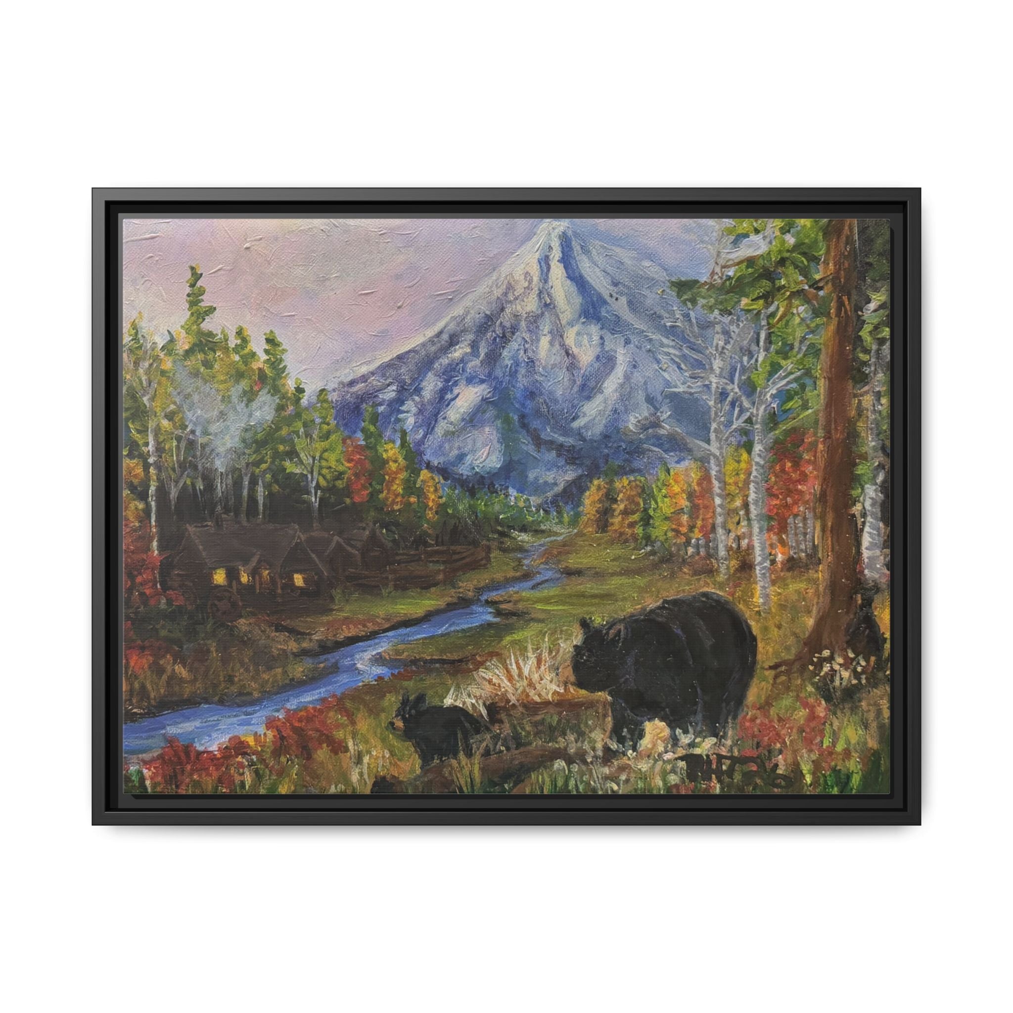 Framed Matte Canvas - Three Bear Stroll  - Mountain Stream with Bears Landscape Wall Art