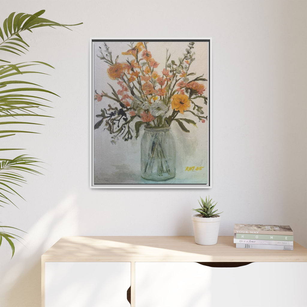 Framed Matte Canvas Art - Flower in Glass Jar Floral Painting Print of Original