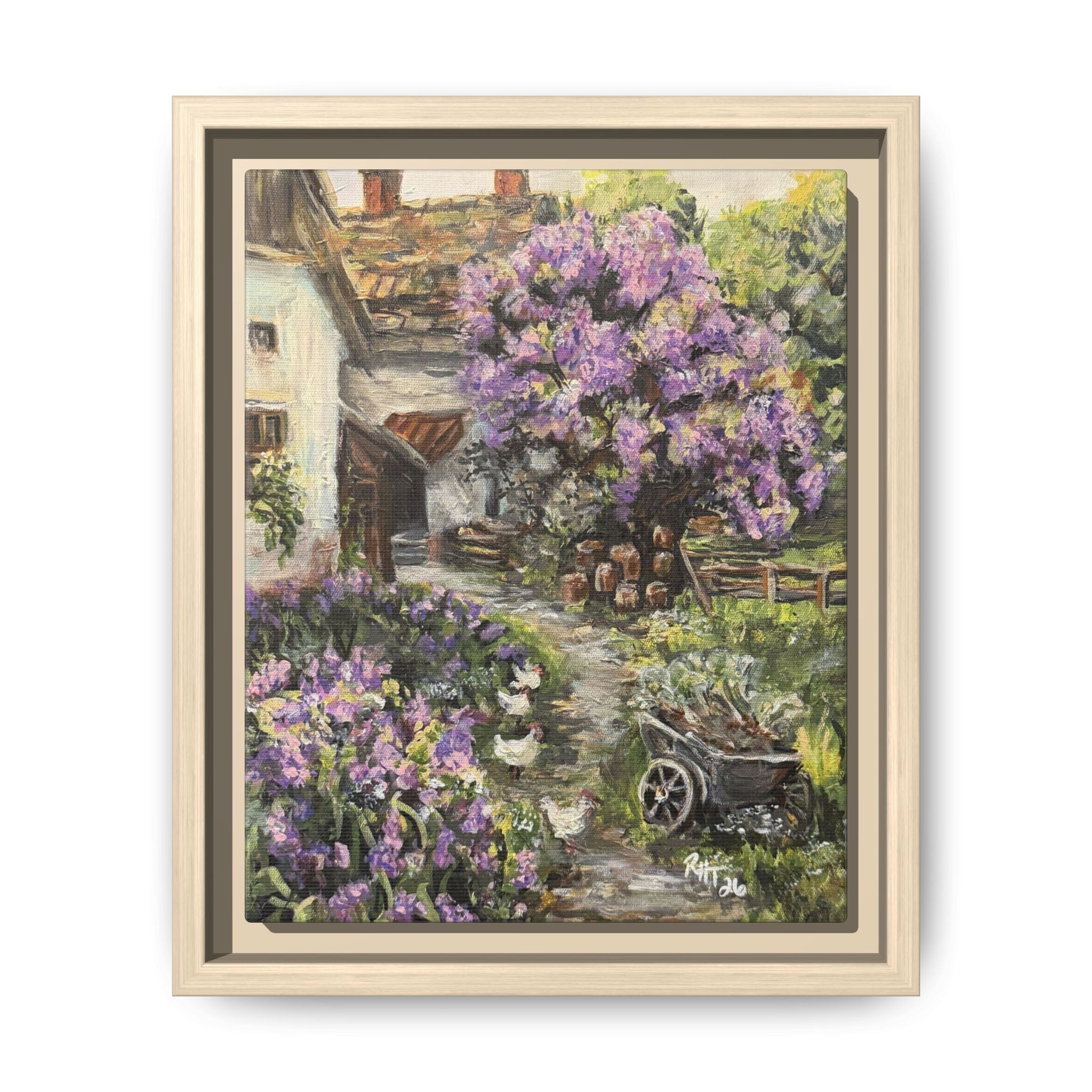 Framed Matte Canvas Print of Original Lavender Cottage— Cottage Garden with Purple Wisteria Wall Art