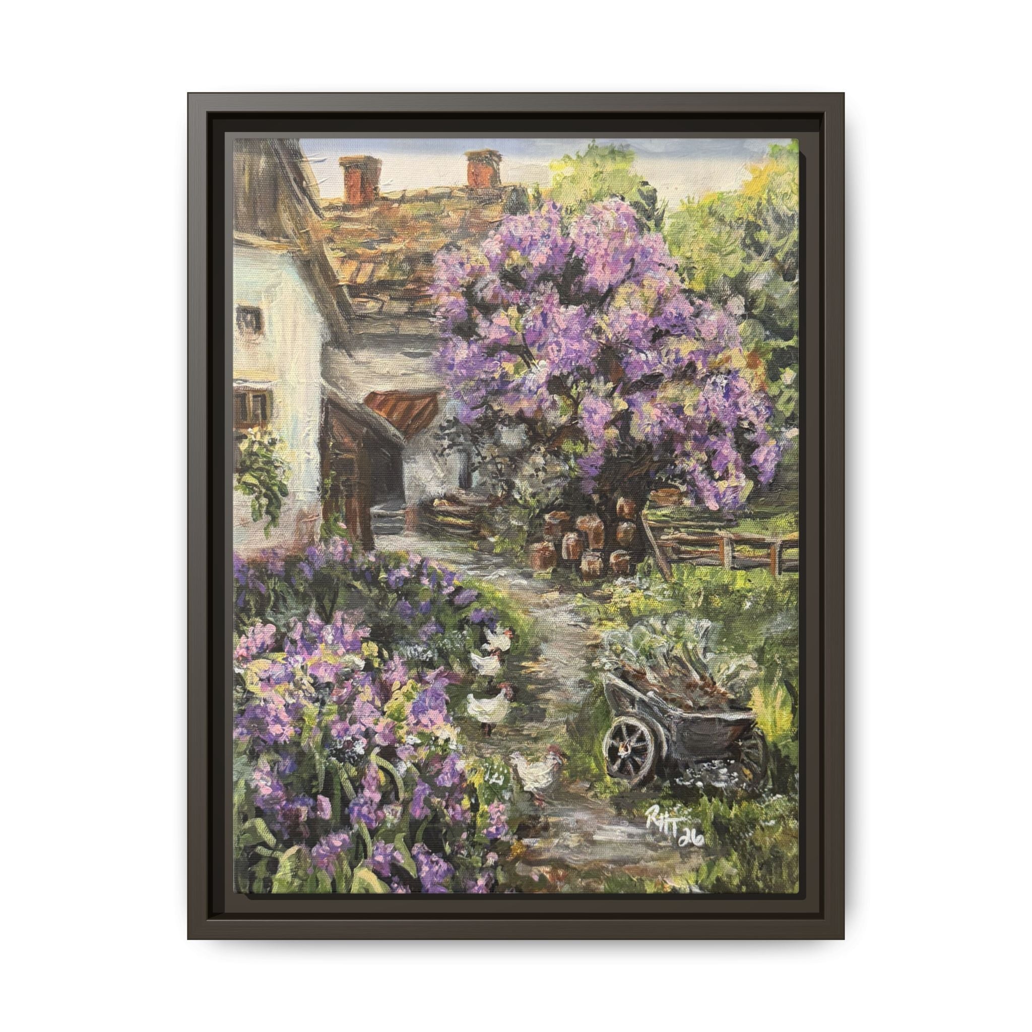 Framed Matte Canvas Print of Original Lavender Cottage— Cottage Garden with Purple Wisteria Wall Art