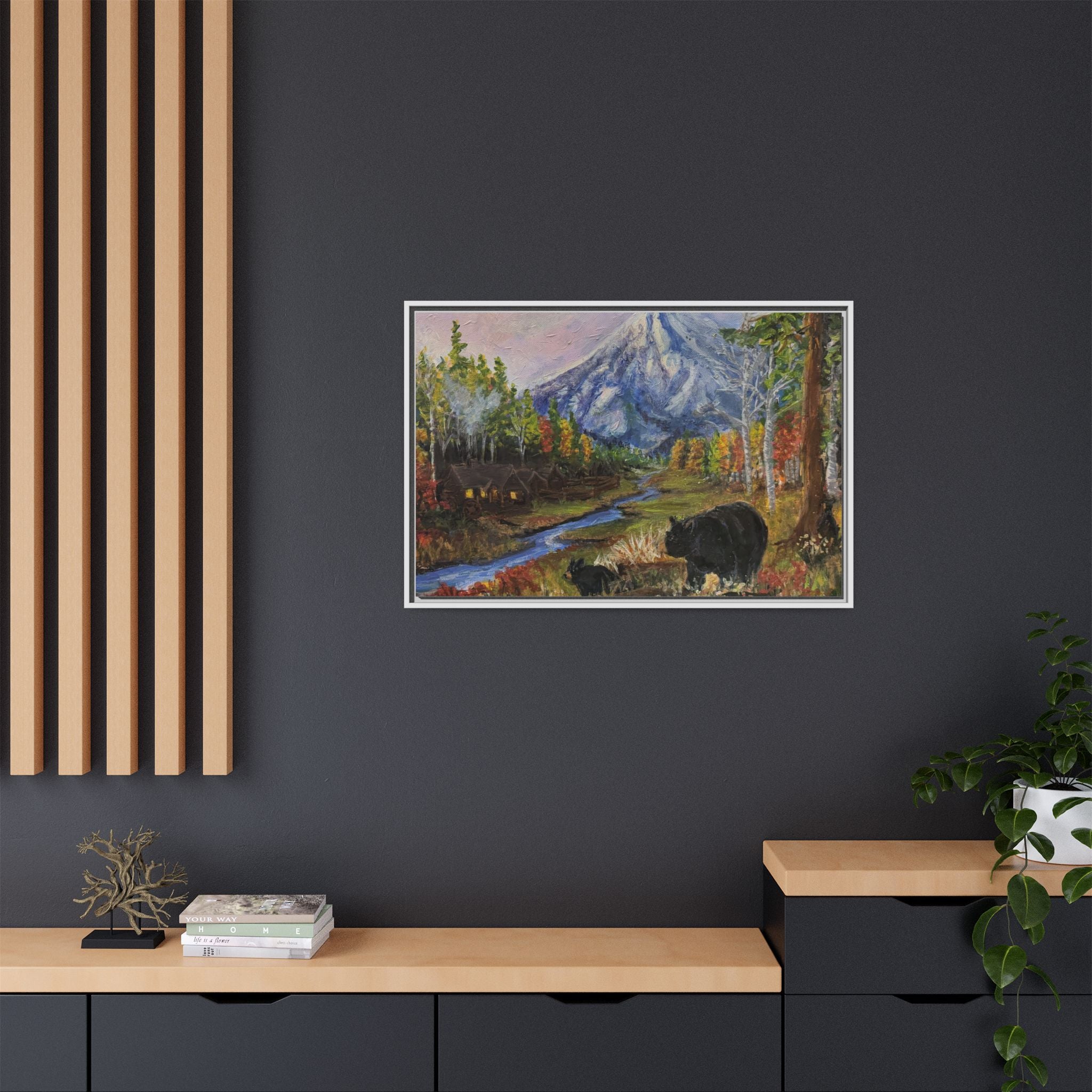 Framed Matte Canvas - Three Bear Stroll  - Mountain Stream with Bears Landscape Wall Art